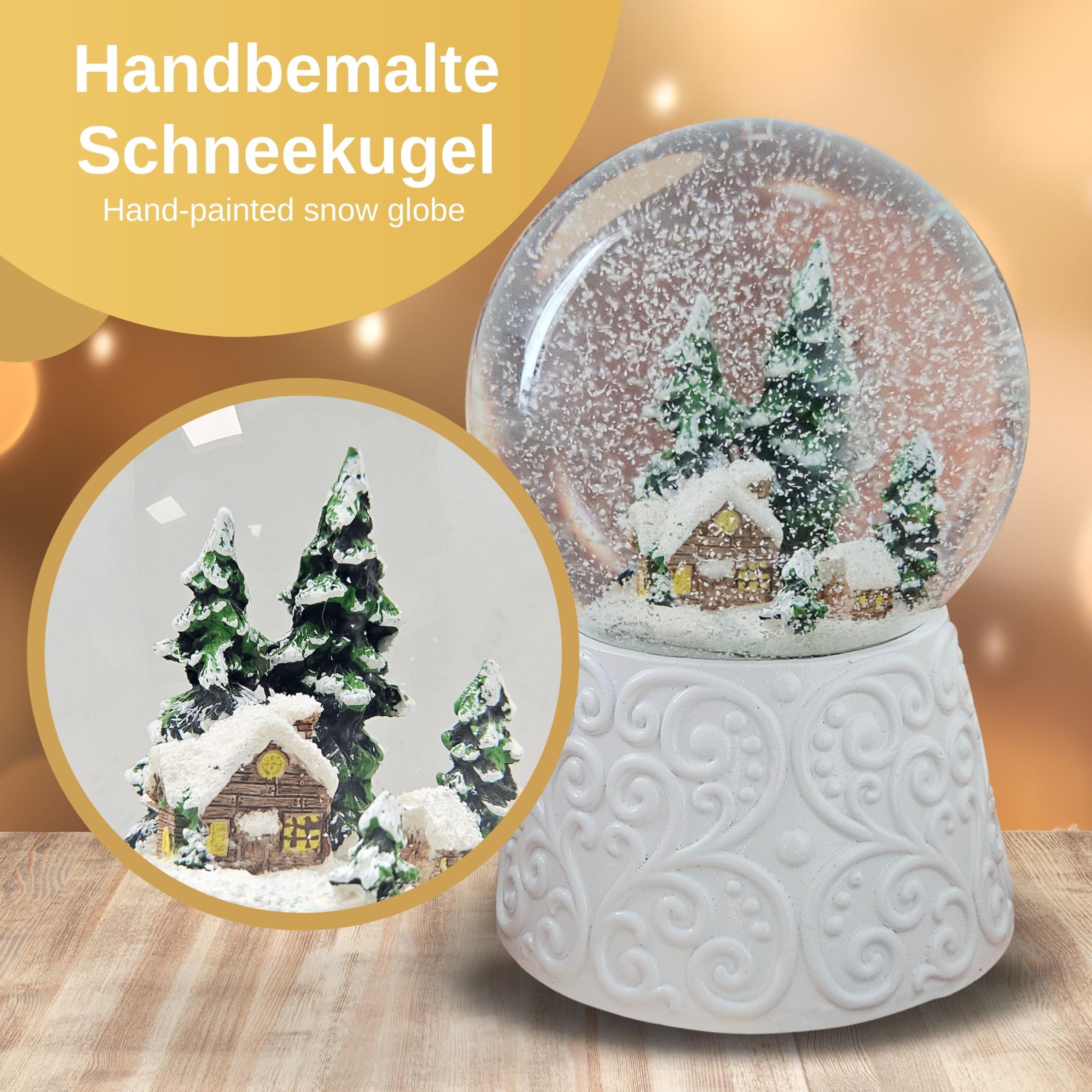 Schneekugel Spieluhr Weihnachten | Hüttenzauber Winterhütte Berghütte | Sockel weiß Nostalgie | Höhe: 140mm, Durchmesser 100mm | Schüttelkugel Weihnachtsdekoration | 20326
