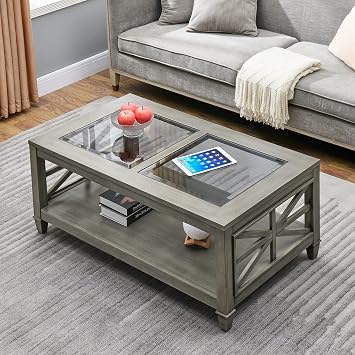 Solid Wood Coffee Table with Tempered Glass Top, Rectangular Living Room Table with 2-tire Storage Shelf, Industrial Centre Table, 45.5 X 26 Tabletop, Easy Assembly Antique Grey KFZ1318AN