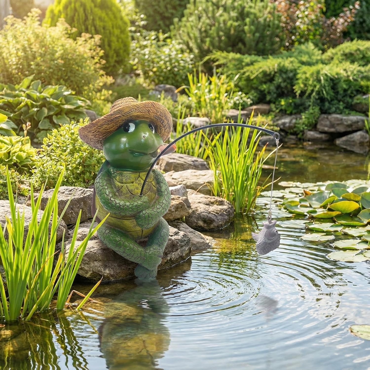 Tortoise Fishing Statue Garden Decor，9.8" Weatherproof Resin Tortoise Fishing Sculpture Decor for Fish Ponds, Koi Ponds, Waterfalls, Poolside Outdoor Gardens Resin Figurine for Indoor Outdoor Décor
