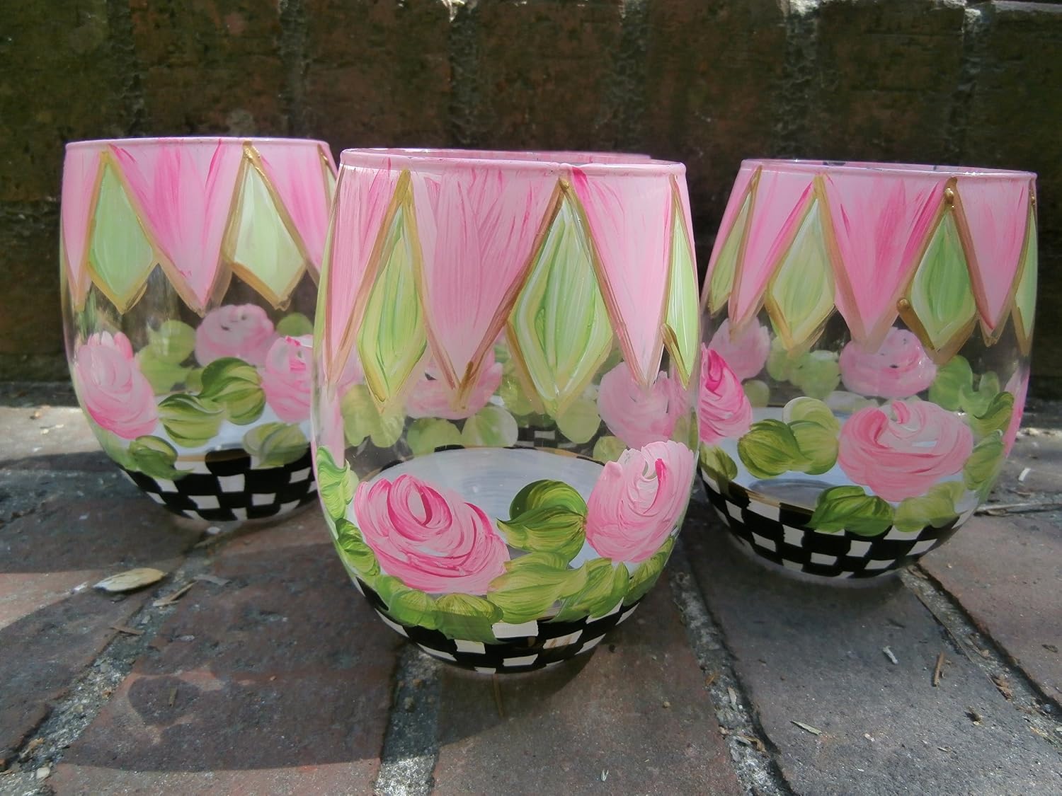 Hand painted pink rose/checks stemless wine goblets. set/4