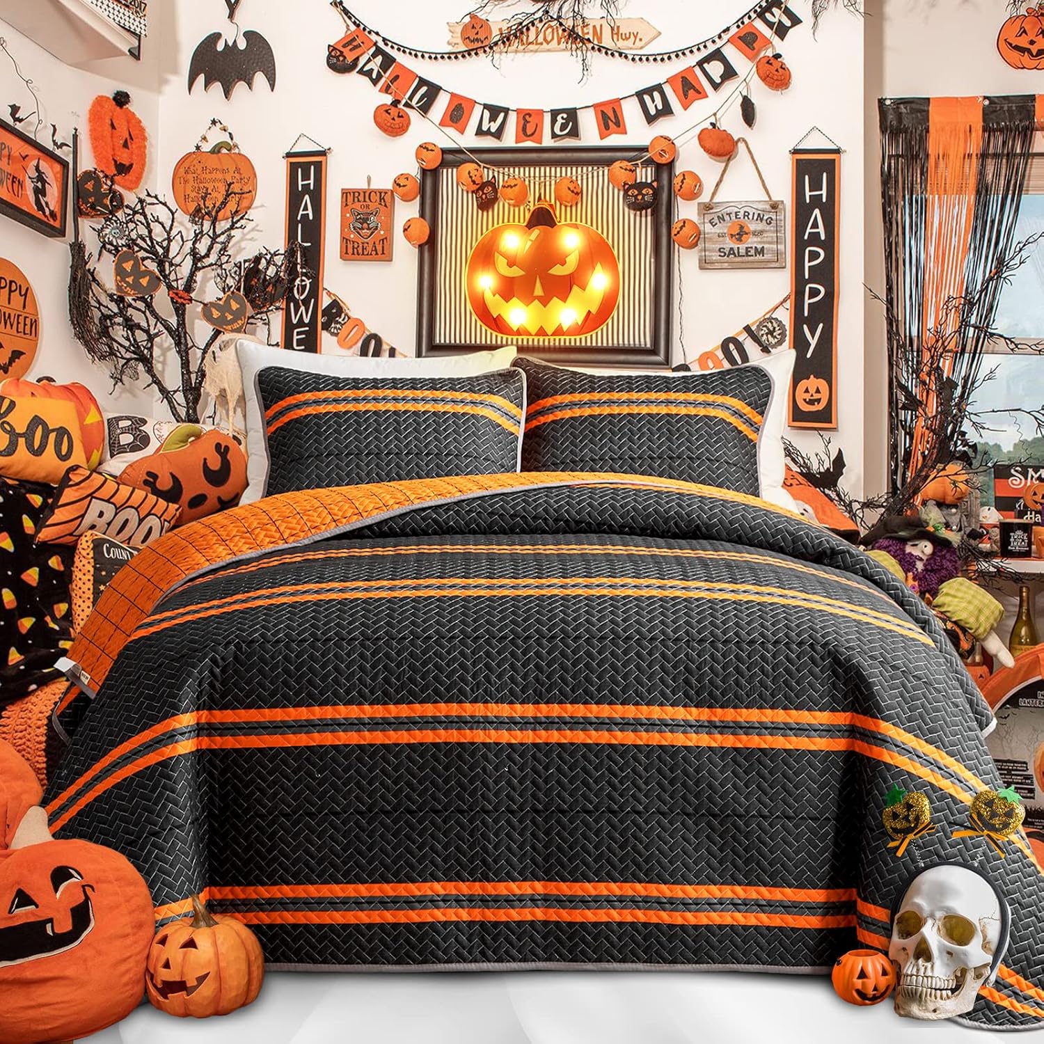 Flysheep Modern Boho Halloween Quilt Set Twin Size, 2 Pcs Bright Orange Striped on Black Bedspread, Soft Microfiber Coverlet for All Season - 1 Quilt and 1 Pillow Sham - Image 2