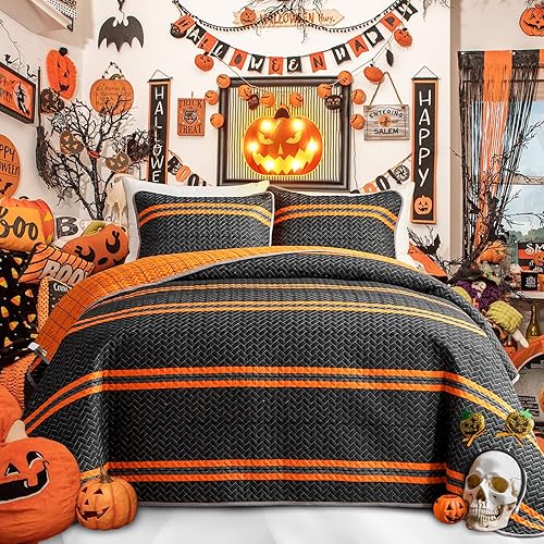 Vista 23 de Flysheep Juego de edredón bohemio a rayas tamaño King, colcha reversible de 3 piezas en gris y blanco, colcha de microfibra cepillada para todas