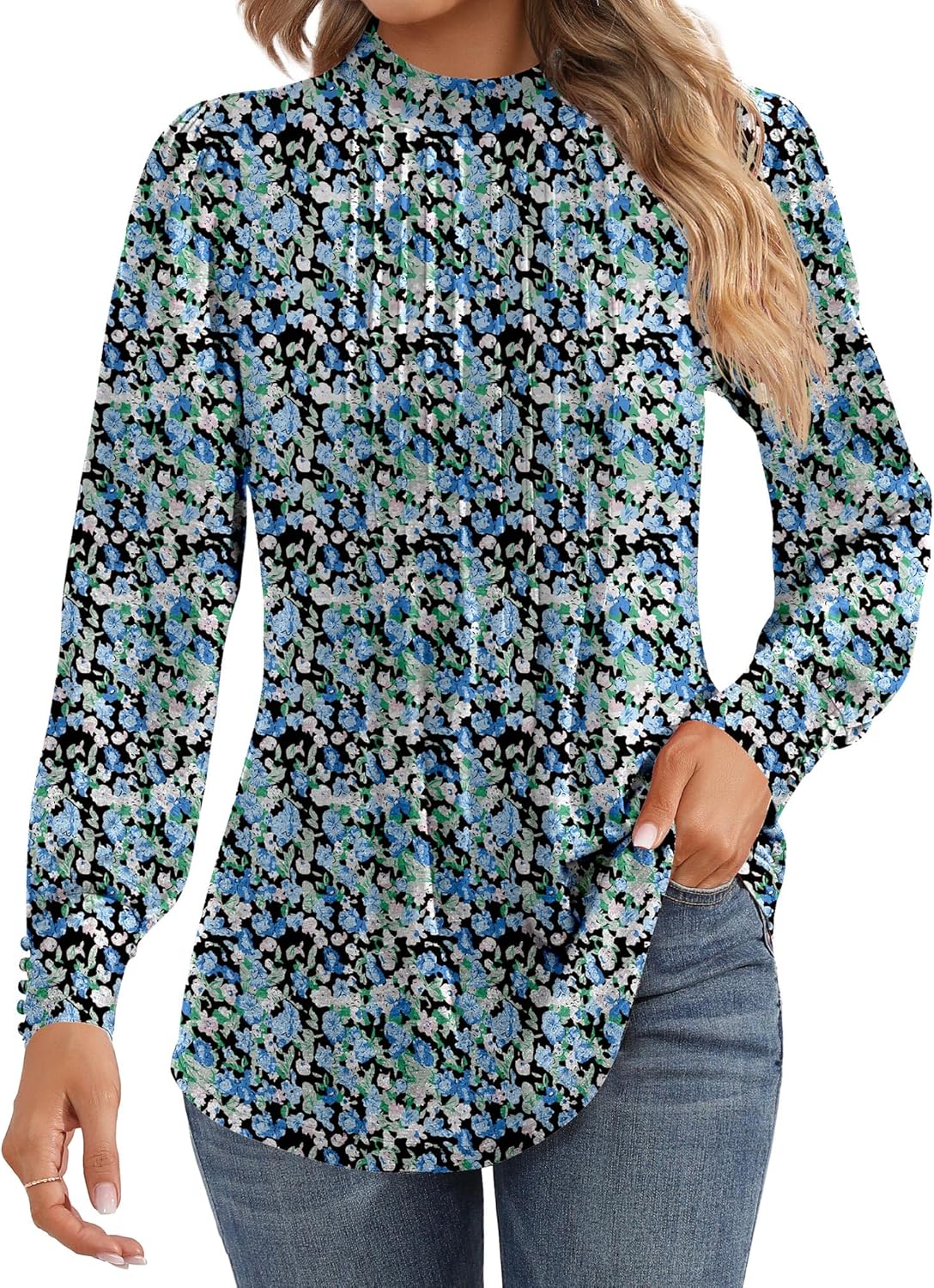 Ficerd Women’s Mock Neck Puff Long Sleeve Blouses Dressy Casual Tunic Tops Business Loose Fit Shirts Button Cuffs