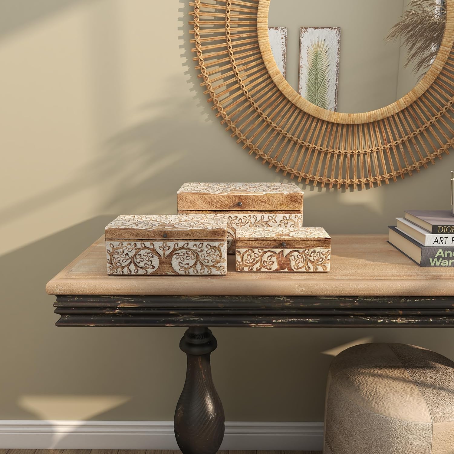 Deco 79 Mango Wood Floral Decorative Box Decorative Keepsake Boxes with Hinged Lid, Set of 3 Storage Boxes 8", 10", 12"W, Brown