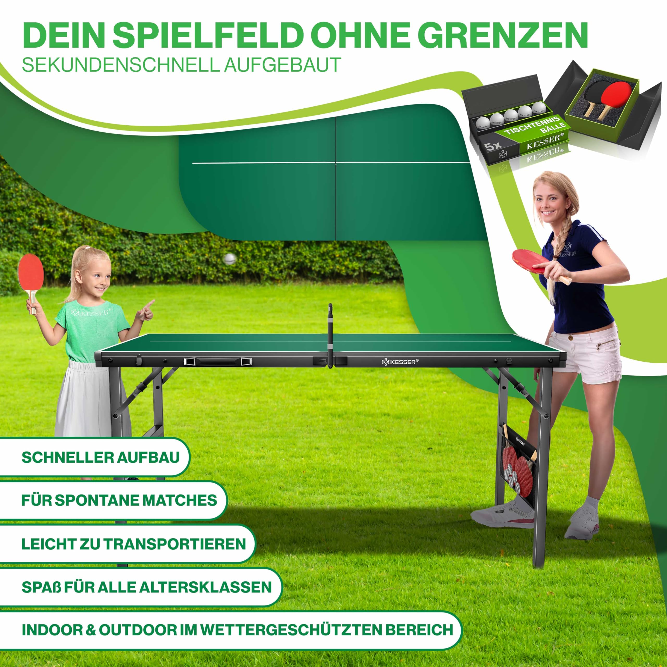 KESSER Mini tavolo da ping pong per esterni, con set di racchette da ping pong, palline da ping pong e rete T, resistente alle intemperie, laminato, pieghevole, per viaggi, design a valigia, 153 x - 5