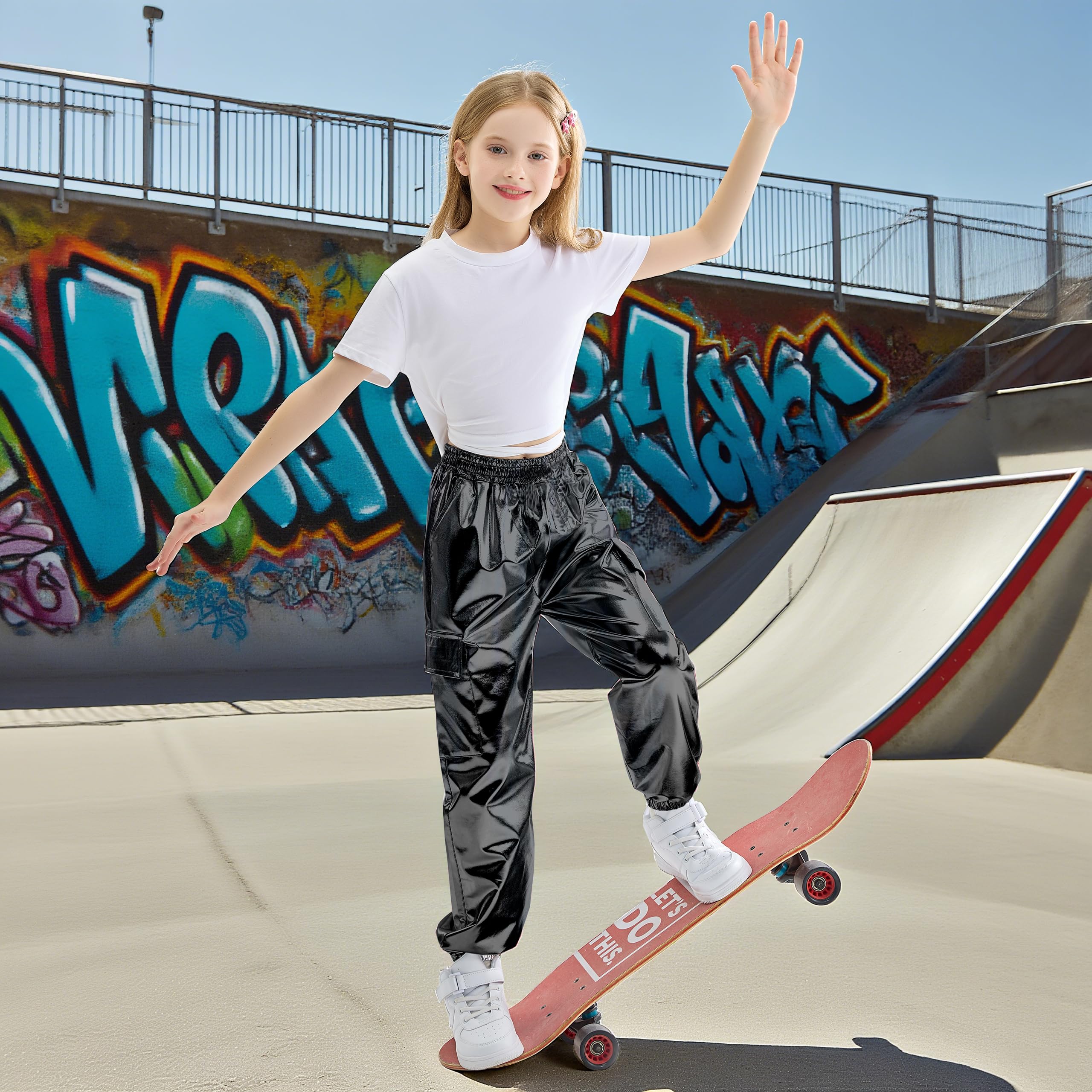 Rolanko Cargo Hosen für Mädchen, Metallische Tanz Hip Hop Hosen für Kinder Mit Elastischem Bund, Retro Disco Streetwear