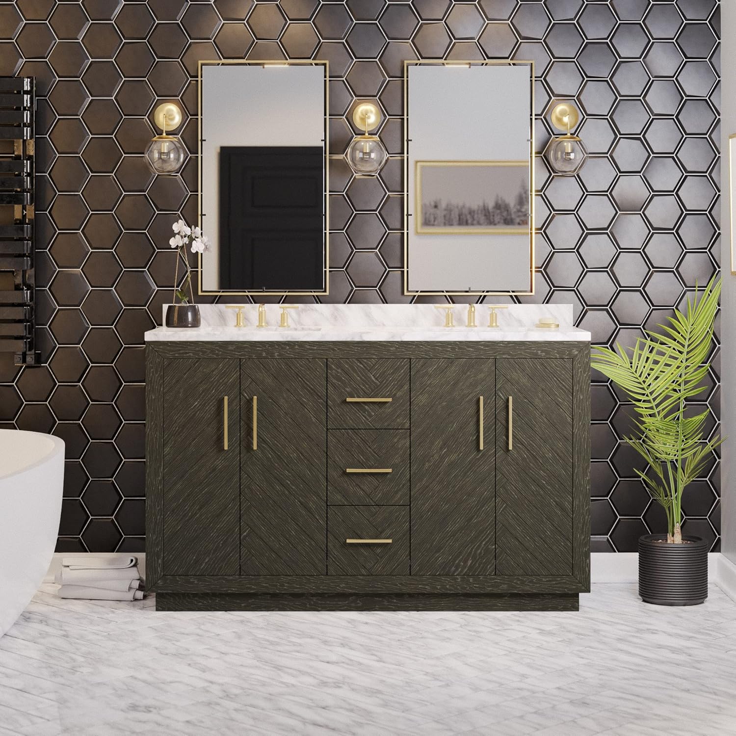 Kitchen Bath Collection Peyton 60-inch Double Bathroom Vanity (Carrara/Dark Oak): Includes Dark Oak Cabinet with Stunning Carrara Marble Countertop and White Ceramic Sinks