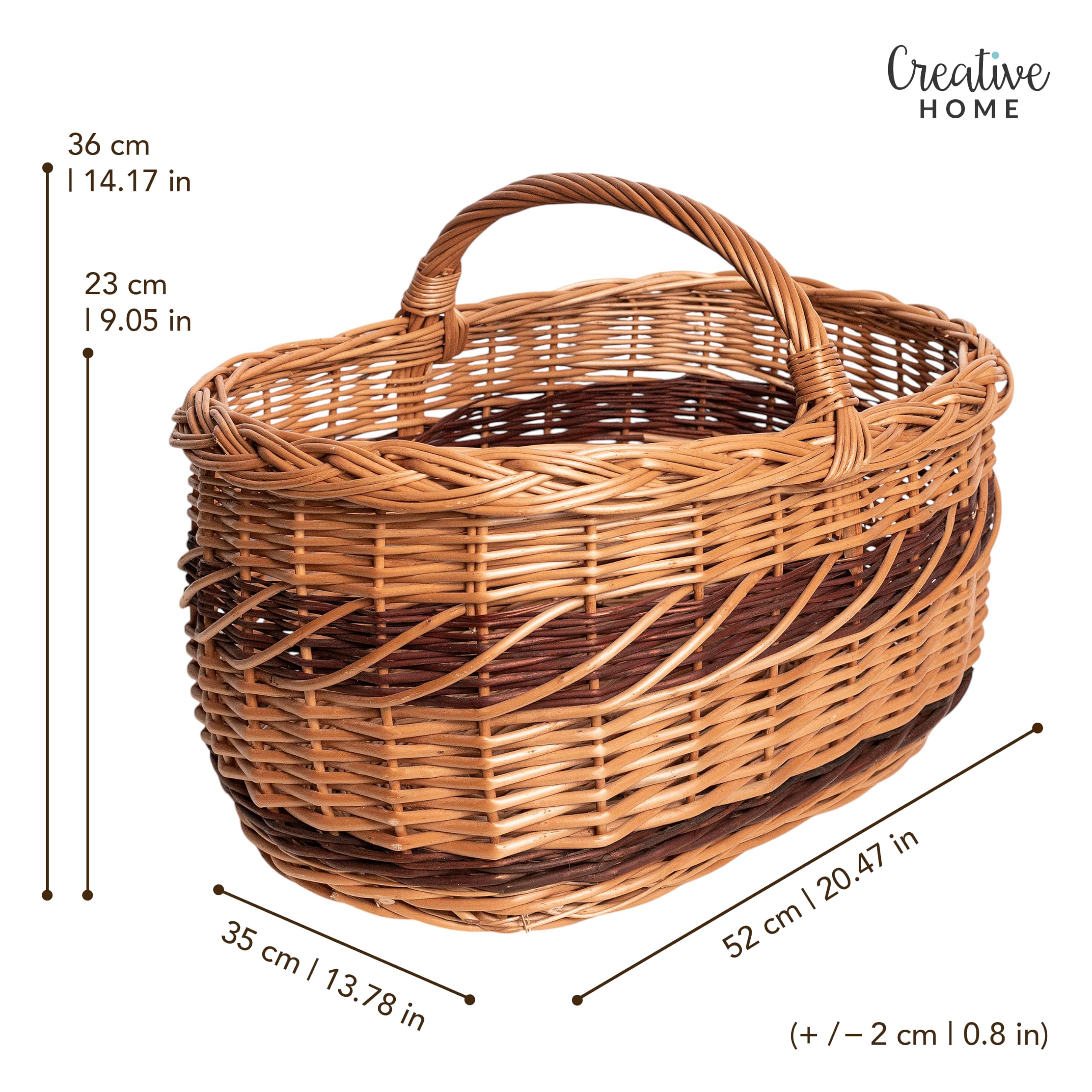 Creative Home Cesta de Mimbre Grande con Asa y Trenza | 52x35x36 cm (+/- 1 cm) Ligera | para Compra Regalo Picnic Plantas Decoración | Tejida a Mano | Marrón Natural | Multiuso, Práctica y Duradera