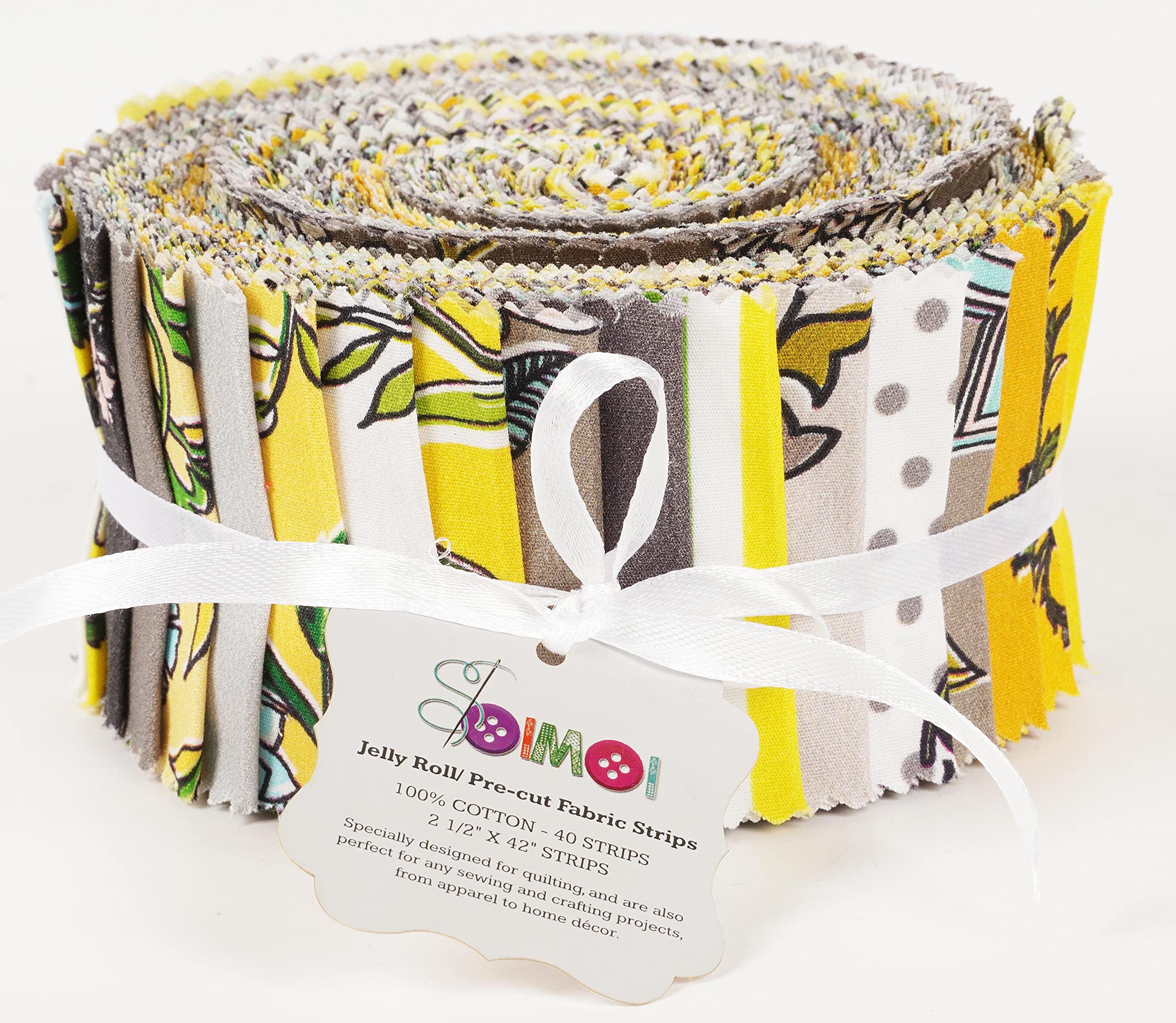 Soimoi 40Pcs Block Print Cotton Precut Fabrics for Quilting Craft Strips 2.5x42inches Jelly Roll - Yellow