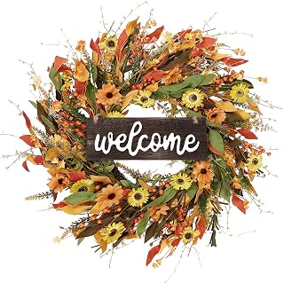 Sggvecsy Fall Wreath 22’’ Harvest Wreath Autumn Front Door Wreath with Daisies Leaves Red Berries for Front Door Outside Indoor Wall Window Thanksgiving & Fall & Autumn Decor