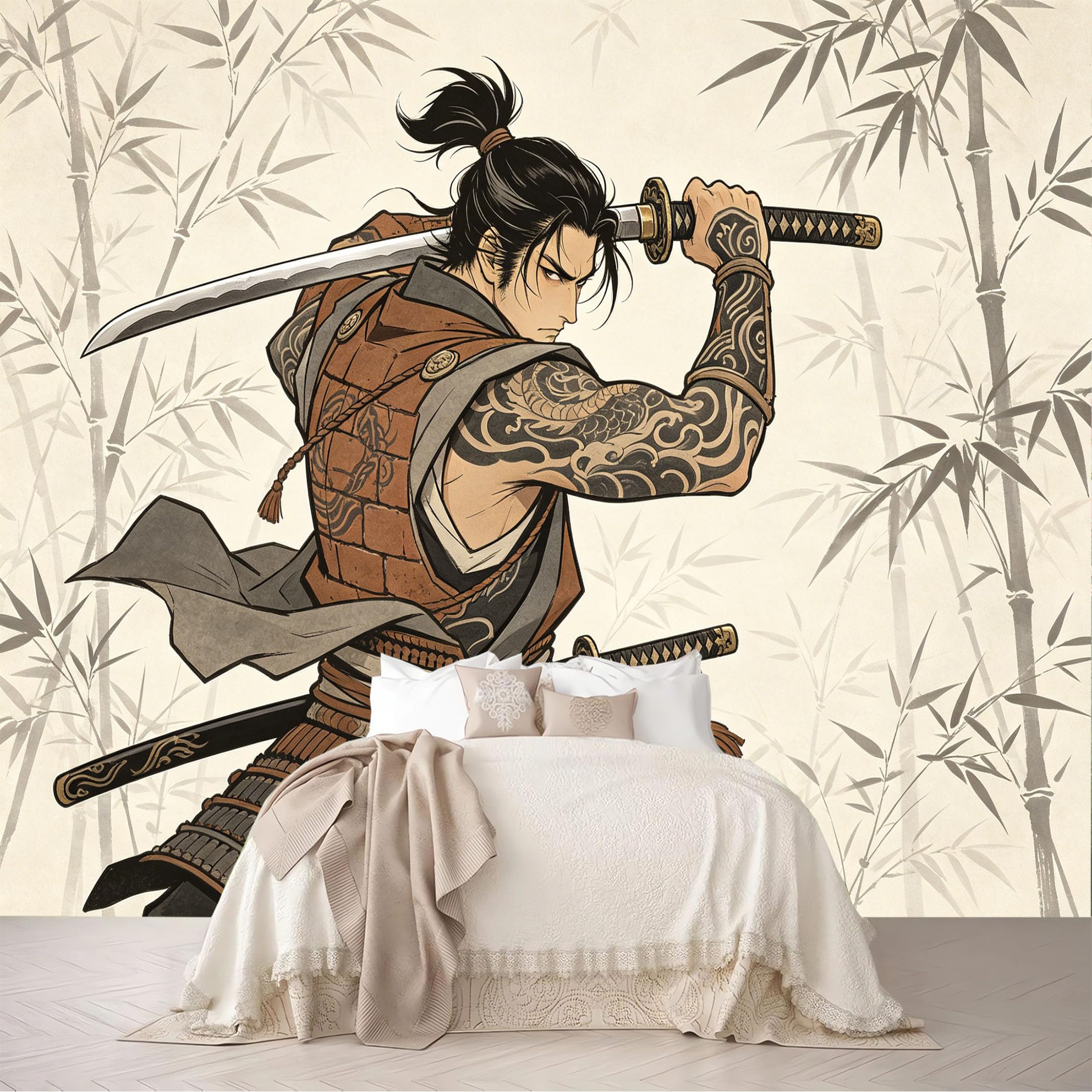 Custom Size Wall Mural Samurai Katana Bamboo Vintage Oriental Print Removable Self Adhesive Peel and Stick Wallpaper for Bedroom Living Room Dining Room