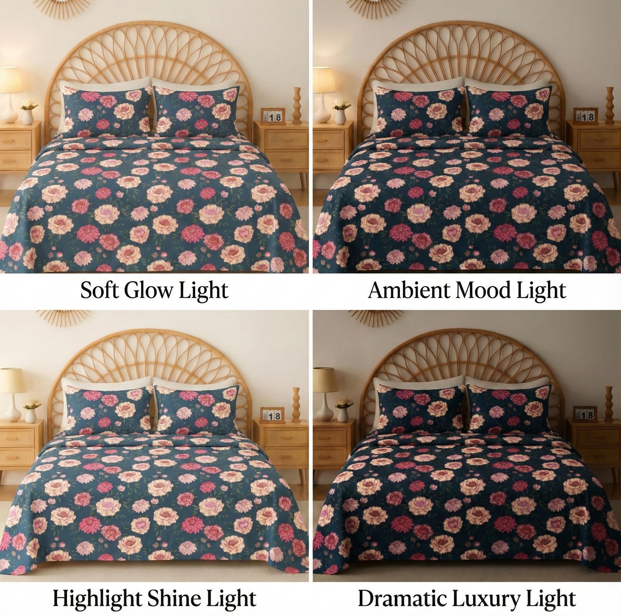 VAS COLLECTIONS Cloud Cotton Double Bedsheet 180 TC | Soft & Breathable Cotton Bedding Set with 2 Pillow Covers | Elegant Floral Printed Bed Sheet for Bedroom & Home | 90 x 90 Inches (Midnight Bloom) 4