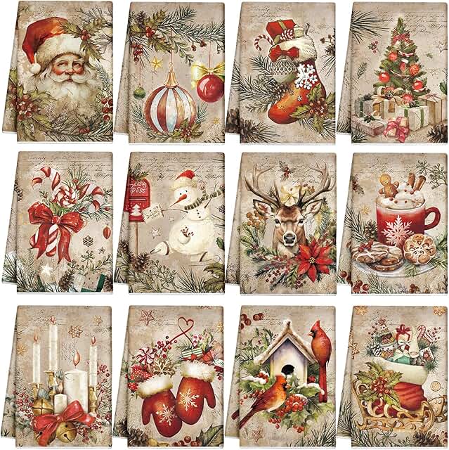 VitalCozy 12 Pcs Christmas Kitchen Towels and Dishcloths Retro Christmas...