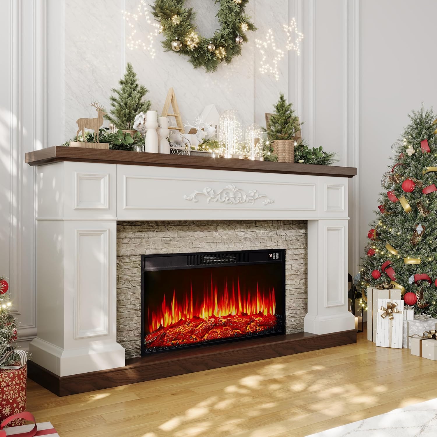 60" Fireplace with Mantel, Solid Wood White TV Stand with Fireplace for, Modern Entertainment Center TV Stand, Replaceable 30" Fireplace Insert Heater, for Living Room, Bedroom