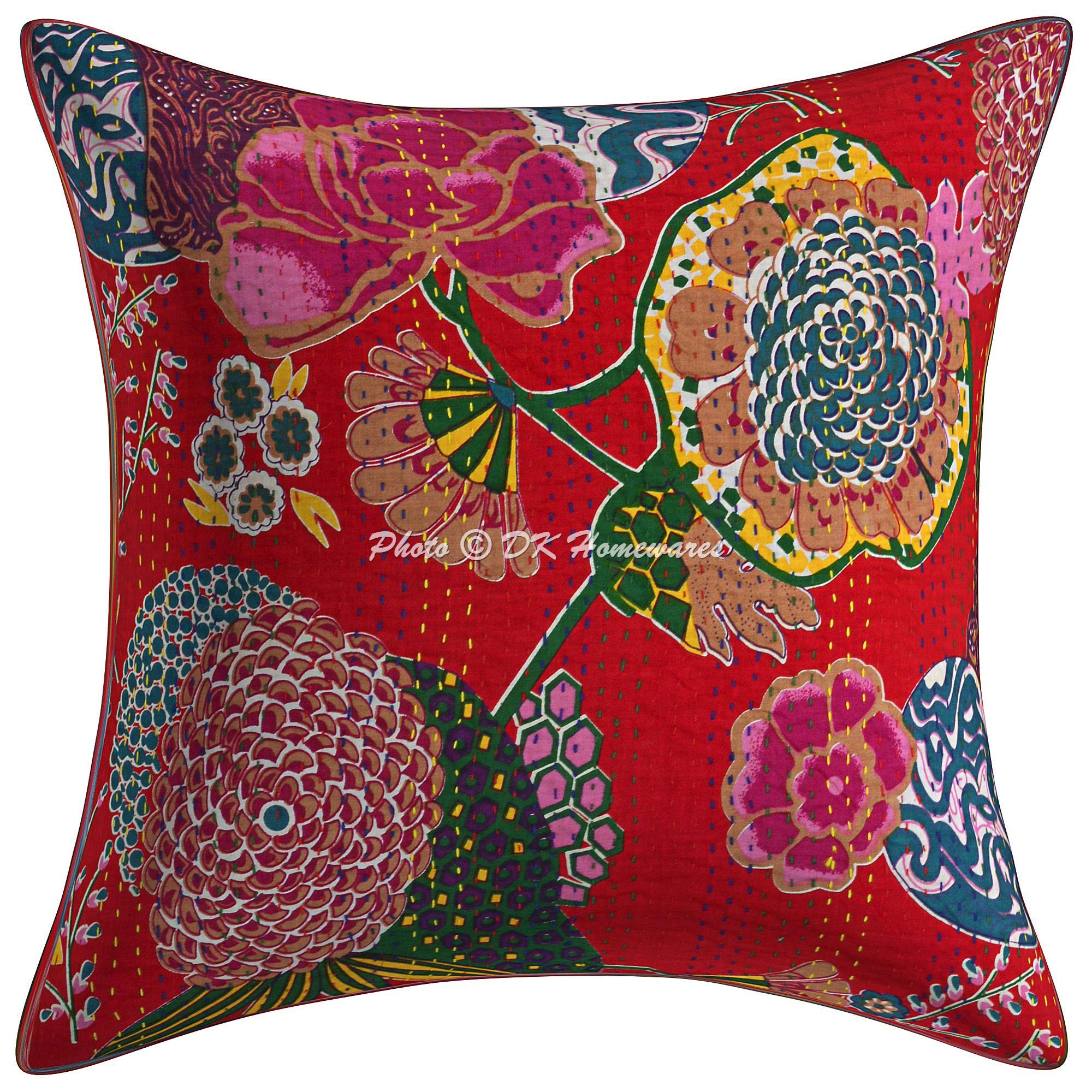 DK Homewares Tradizionale Indiano Federa 40 X 40 Cm Arancia Kantha Casa Decorazione Cotone Set di 2 Pezzi Tropicana 16X16 Pollici Fodera per Cuscino (Arancione Chiaro) - 2 PCS
