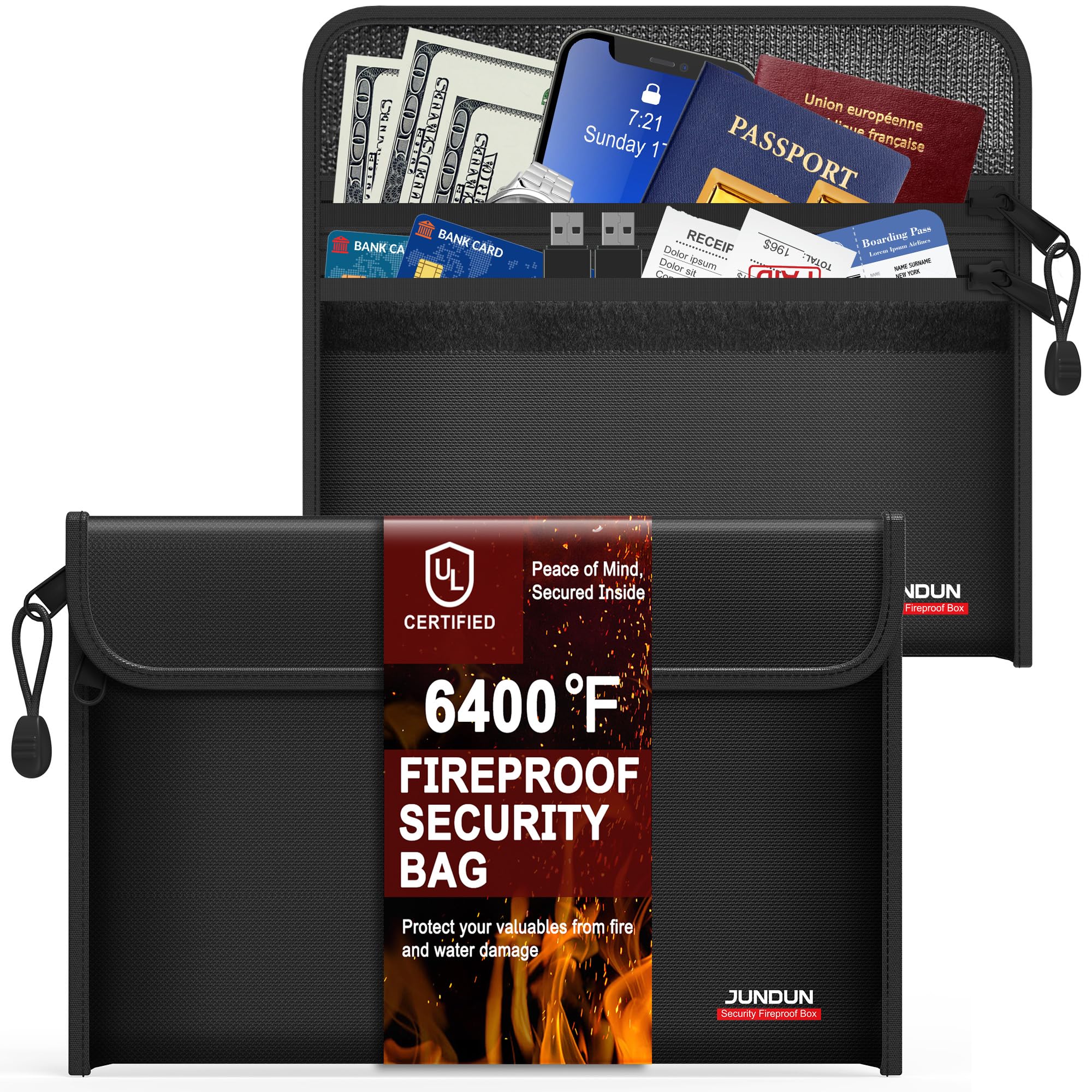 6400℉ Fireproof Money Bag,8.6”x 5.9” Dual Zippers 12 Layers