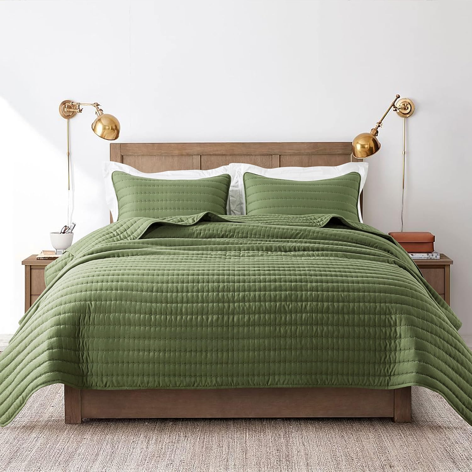 Oversized California Cal King Size Quilt Bedding Sets with Pillow Shams, Green Lightweight Bedspread Coverlet, Quilted Blanket Thin Comforter Bed Cover for All Season, 3 Pieces, 118x106 inches - Image 2