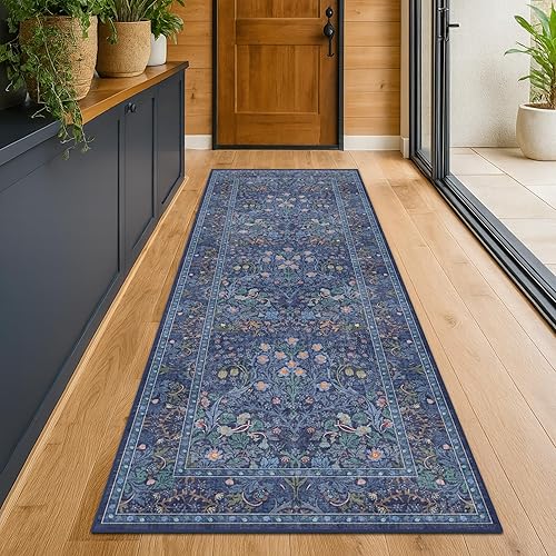 Dark Blue 3x10 Extra Long Wide Runner Rug for Hallway, Non Slip Washable, 10 ft Large Kitchen Indoor Floor Rugs for Entryway, Stain Resistant Vintage Floral Carpet