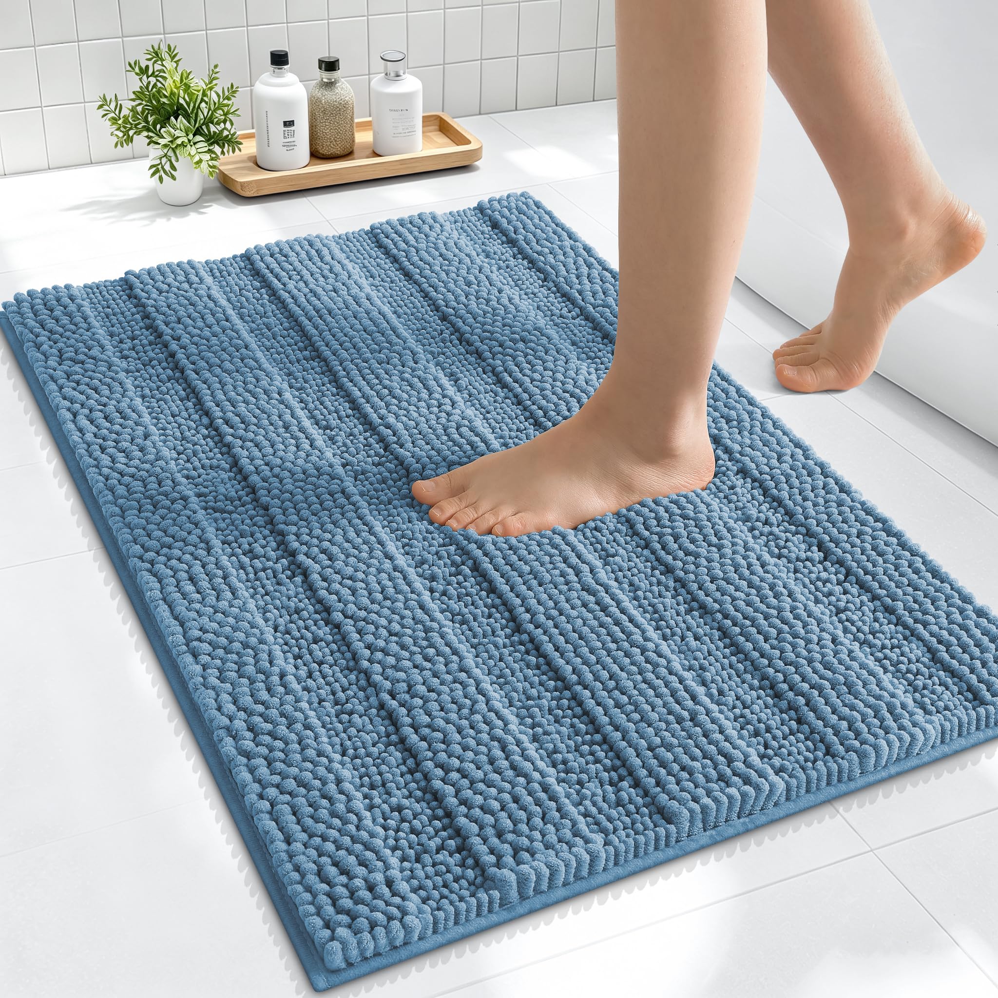 Smiry Thick Small Chenille Bathroom Rugs 24x16, Soft Bath Mat, Airy Blue