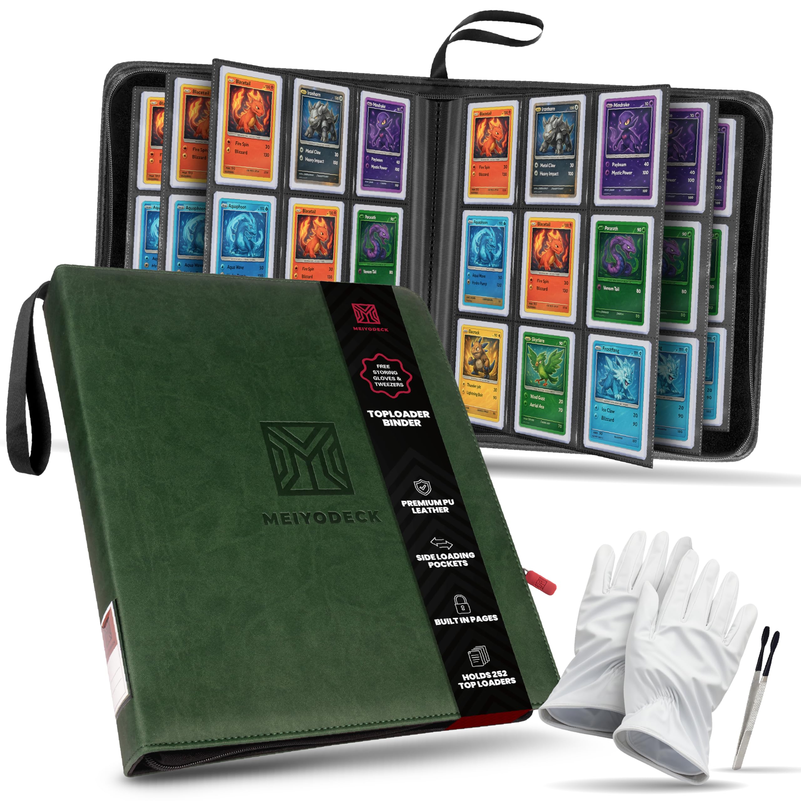 Top Loader Binder–Card Binder Top Loader with Tweezers and Gloves Included–TCG Binder, PU Leather Cover, 252 Top Loaders for Cards, Top Loader Sheets