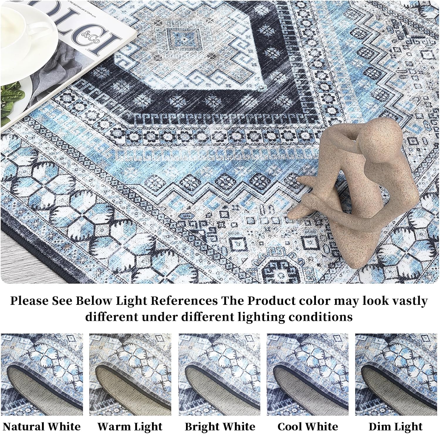 GarveeHome 8x10 Washable Area Rug Boho Living Room Rug Non-Slip Nursery Rug Low-Pile Retro Carpet Print Distressed Rug for for Laundry Dining Room Office, Blue/Grey