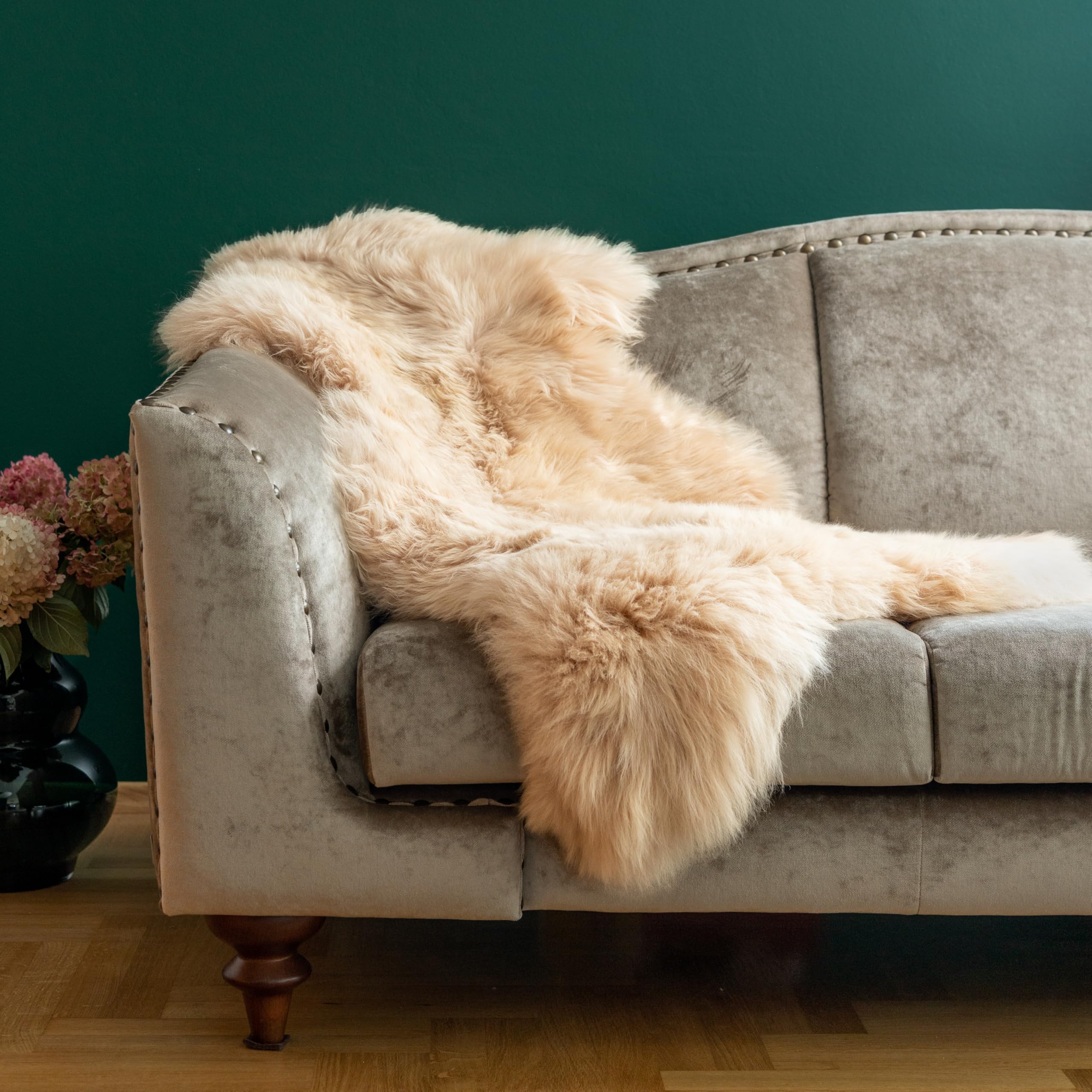 Peau de mouton mérinos véritable de qualité supérieure - 100-110 cm - Peau d'agneau véritable beige pêche - Pour chaise - Sans odeur - Alternative à la fourrure synthétique -