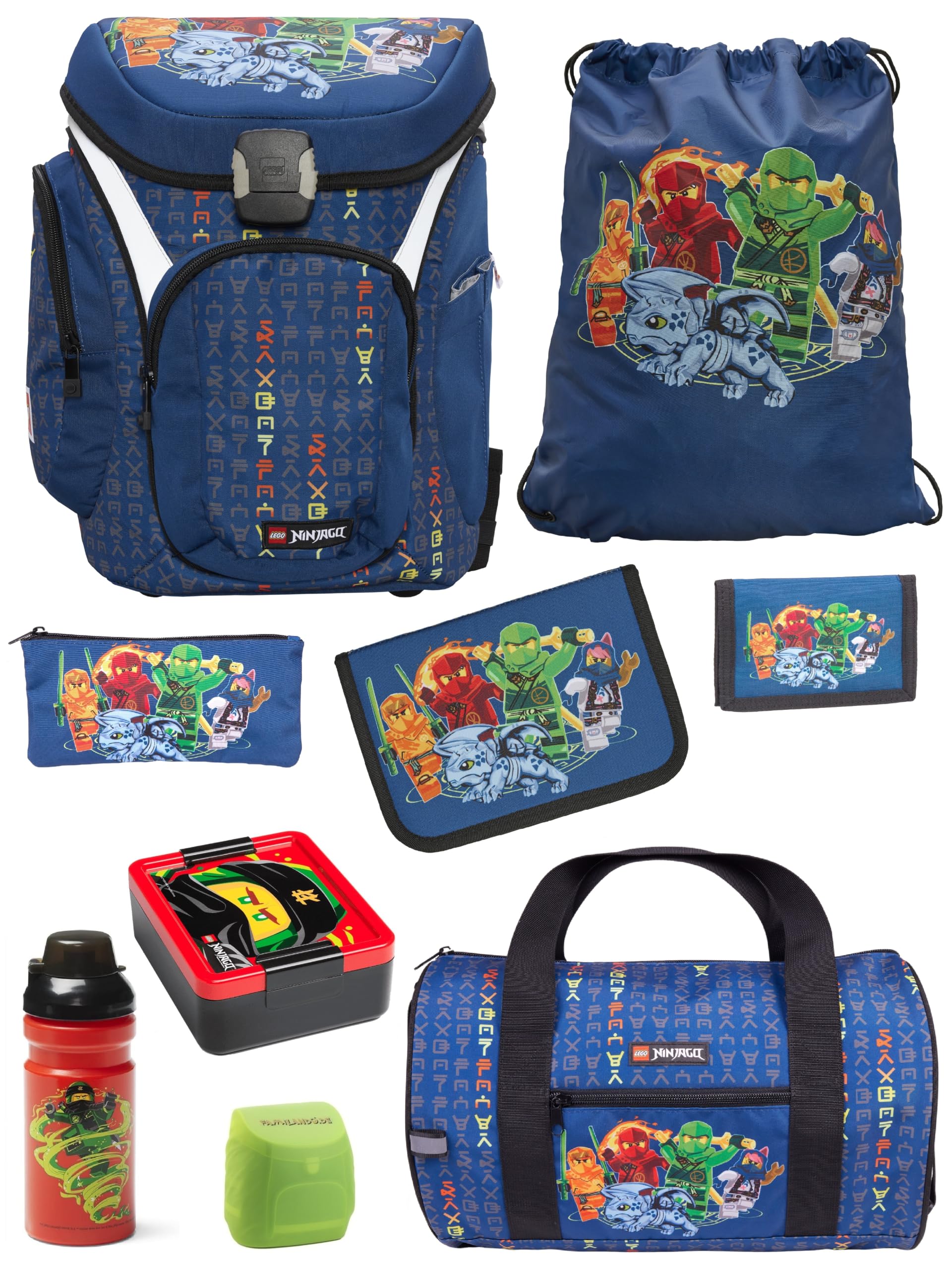 Familando - Schulranzen Set 9-teilig mit Sporttasche - Ninjago Blau - Ergonomisch, stabil & mit gepolstertem Rücken - 1250g leicht mit 16L Volumen - wasserabweisend und mit Reflektoren - Ab 1. Klasse