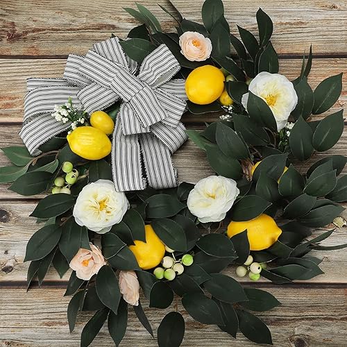 Miniatura 5 de ZHDOKA Corona de limón amarillo de 20 pulgadas con rosas y lazo, corona de frutas de primavera y verano, corona de hojas verdes limón para puerta