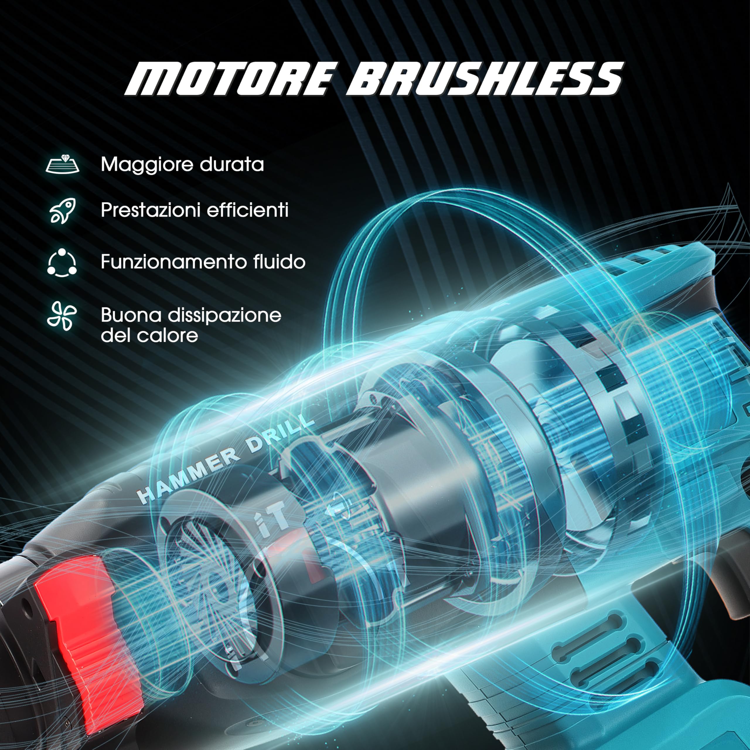Martello Demolitore Senza Fili 21V, Tassellatore a Batteria con Motore Senza Spazzole, 3 Modalità, Fino a 32 mm, Velocità di 4000 BPM, Impugnatura Regolabile a 360° e Batteria Makita Compatibile
