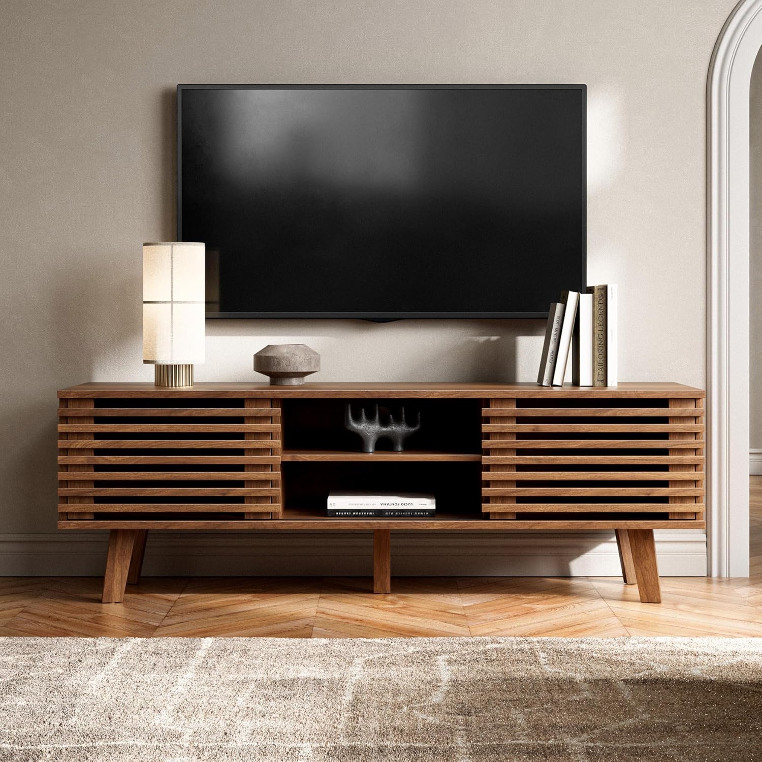 Mid Century Modern TV Stand for 50/55/60 inch TV, Entertainment Center with Storage & Sliding Door, Wood Media Console, TV Stand for Living Room, Bedroom, Walnut - Image 7