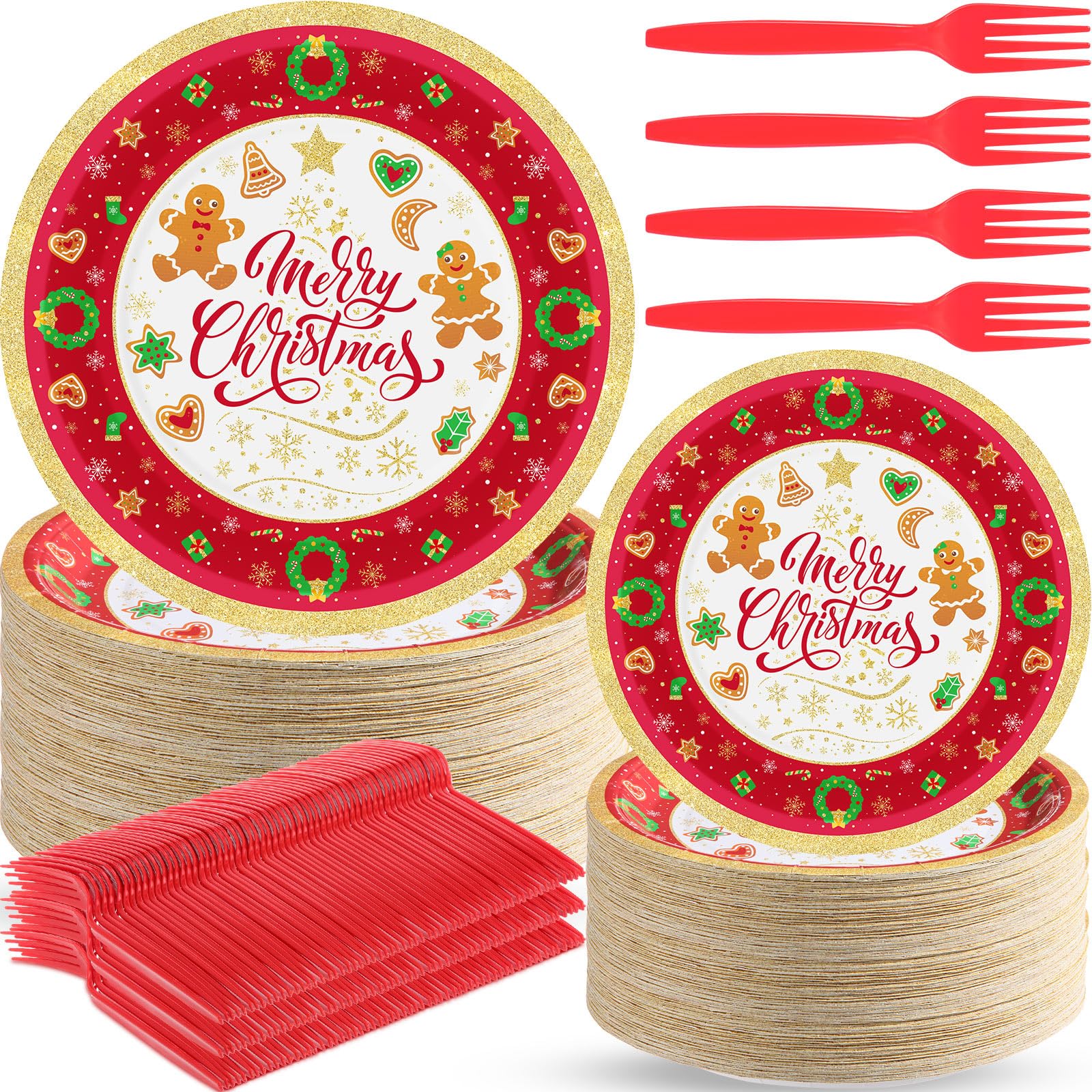 Havawish 180 Pcs Christmas Party Paper Plates and Forks Set Disposable Christmas Paper Party Plate 7 Inch and 9 Inch Christmas Tableware Party Supplies for Xmas Winter Serve 60(Gingerbread)