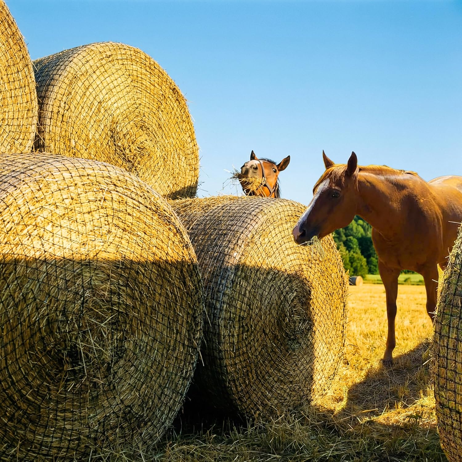FRUITEAM 5 * 5 ft Round Bale Hay Net for Horses, Round Bale Feeder with 2 inch Hole, Hay Nets for Horses Slow Feed, Knot Design - More Durable Hay Net with Repair Tool