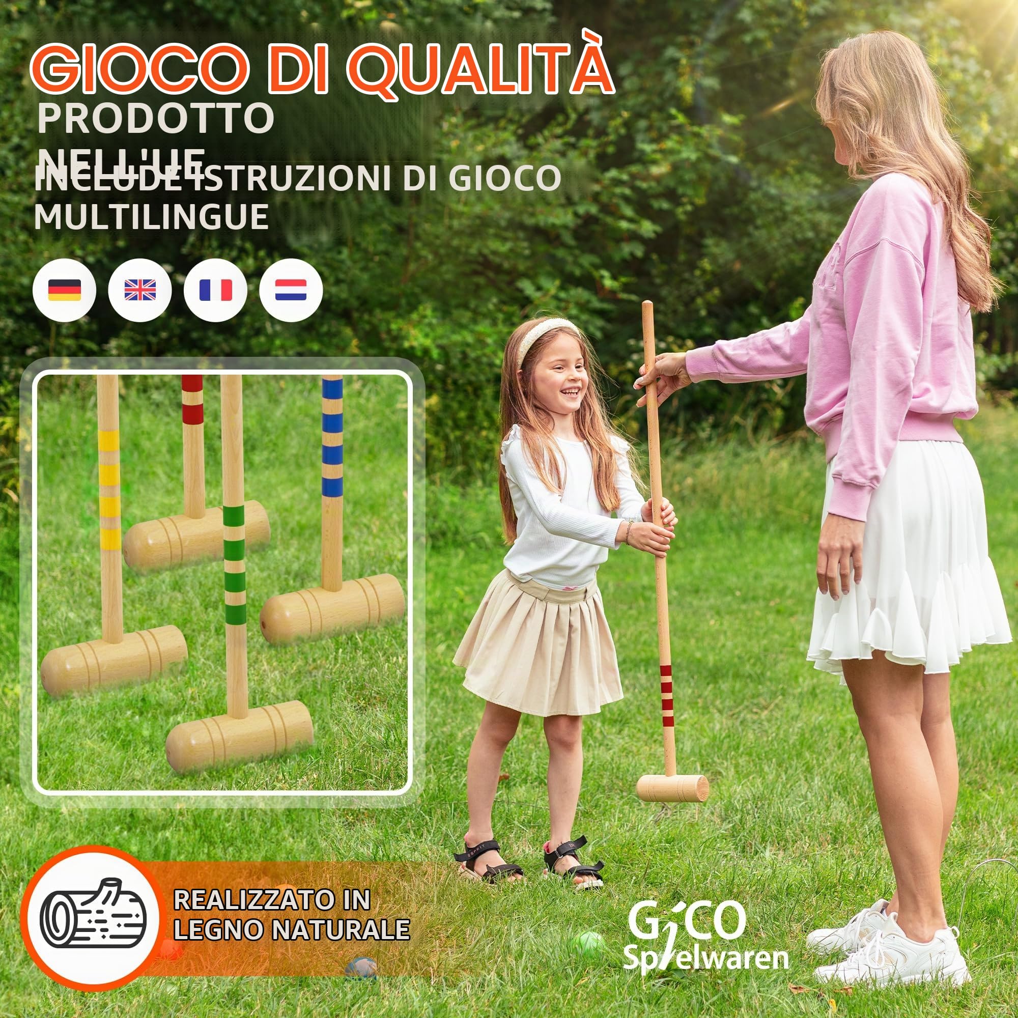 GICO Croquet Gioco Croquet di qualità in Legno di faggio per 4 Giocatori con Borsa per Il Trasporto. Divertimento all’ Aperto per Tutta la Famiglia. Prodotto in EU-3224