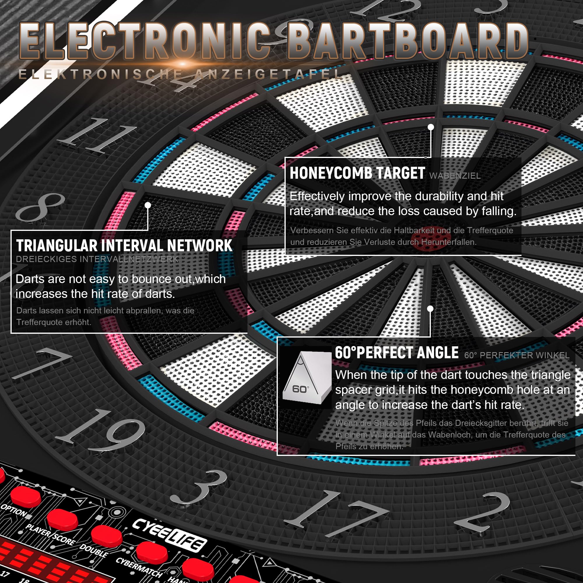 CyeeLife Bersaglio elettronico per freccette con armadio in legno, bersaglio elettronico con 34 giochi e 355 varianti, modalità 8 giocatori, display LED, voce tedesca