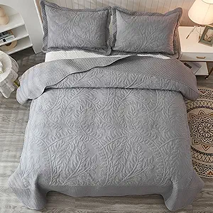 MarCielo 3-Piece 100% Cotton Oversized Bedspread Lightweight Quilt Coverlet Embroidery Farmhouse Bedding Set T0 (Light Grey, Oversized Queen (100"x106"))