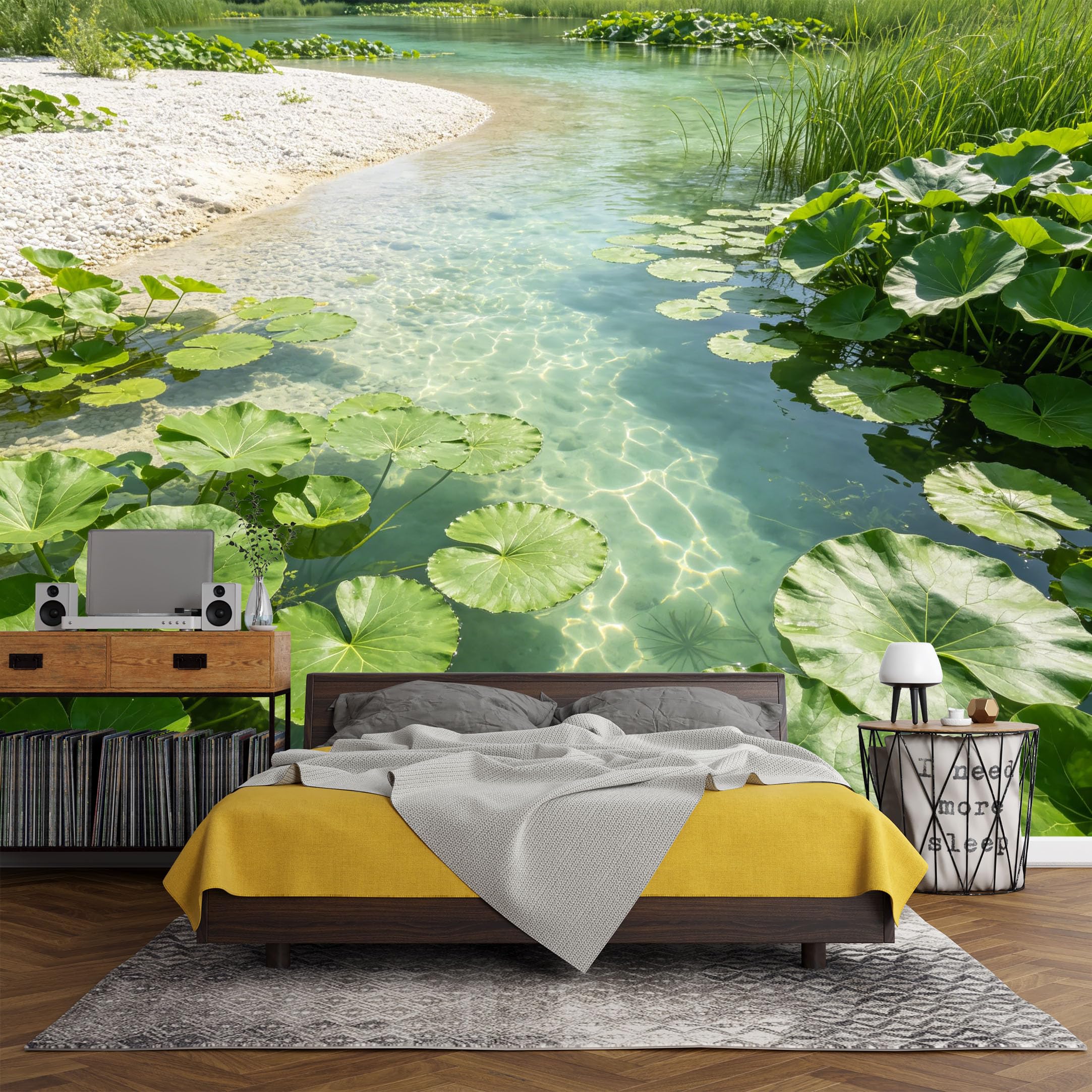 Custom Size Wall Mural， Botanical Lake Shore Water Lilies Clear River Landscape，SelfAdhesive Art Prints wall Fabric（No PVC） Removable Wallpaper Living Room Decor