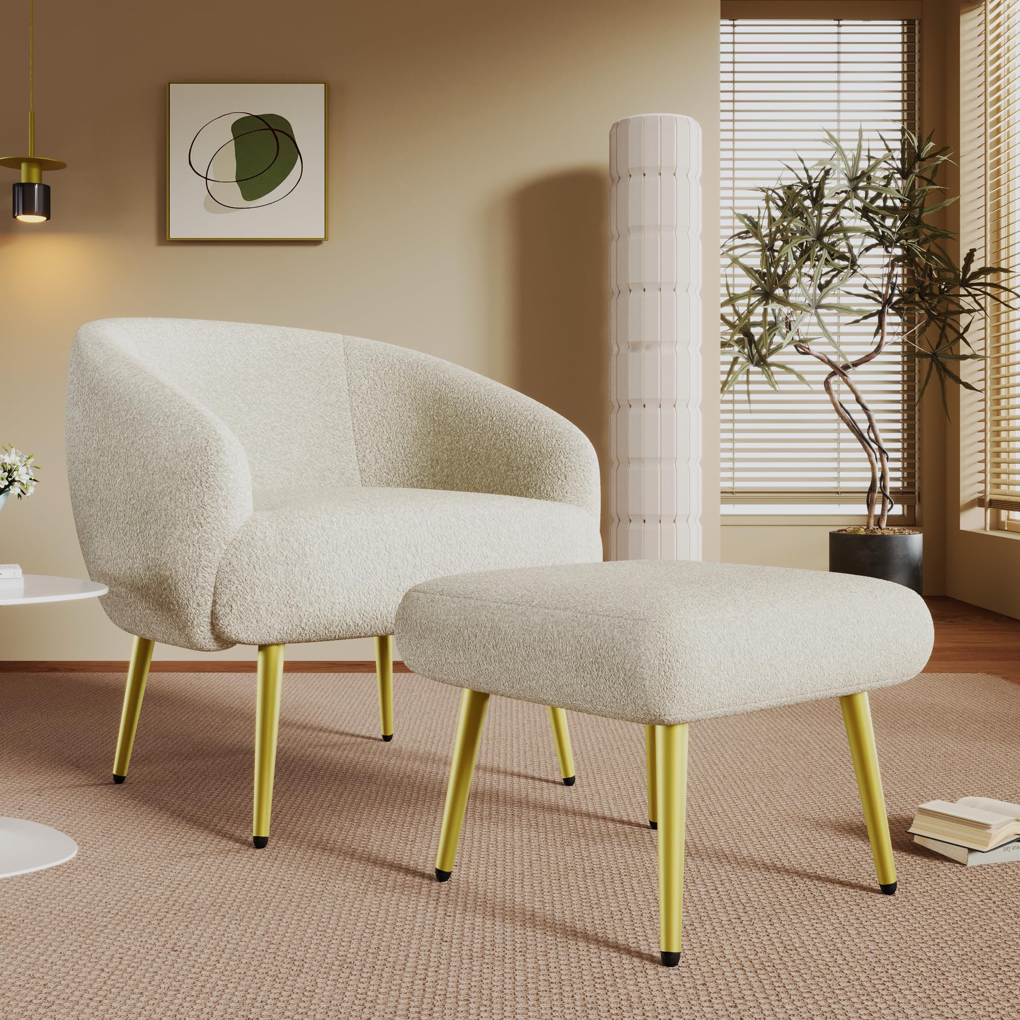 Silla tapizada Sherpa moderna con reposapiés, diseño ergonómico, patas doradas, confort lujoso (blanco)