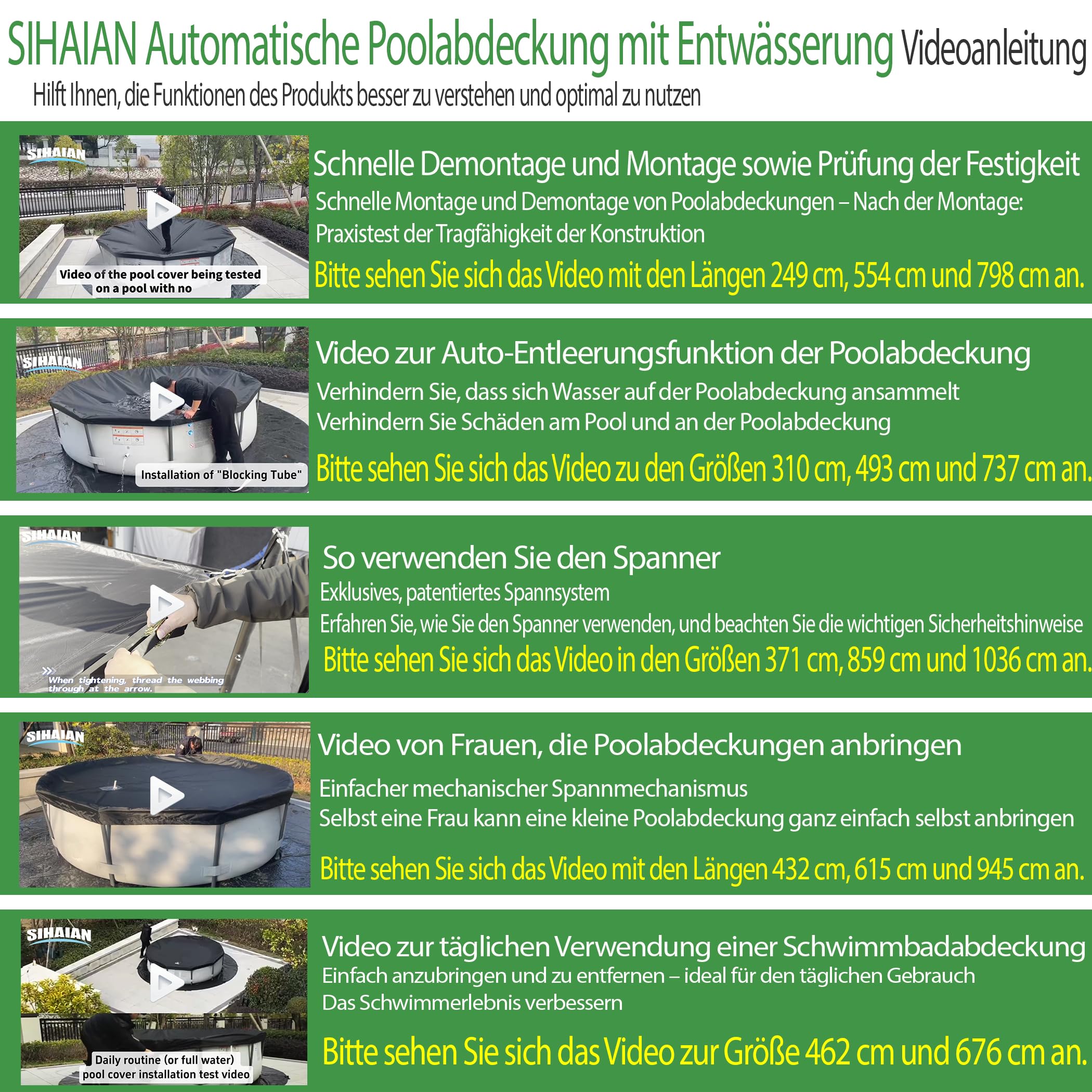 SIHAIAN Rundpoolabdeckung 305cm, Solar Poolabdeckung mit automatischem Abfluss für Aufstellpools, UV-Beständig, patentiertes einteiliges Spannsystem, verhindert Wasseransammlungen