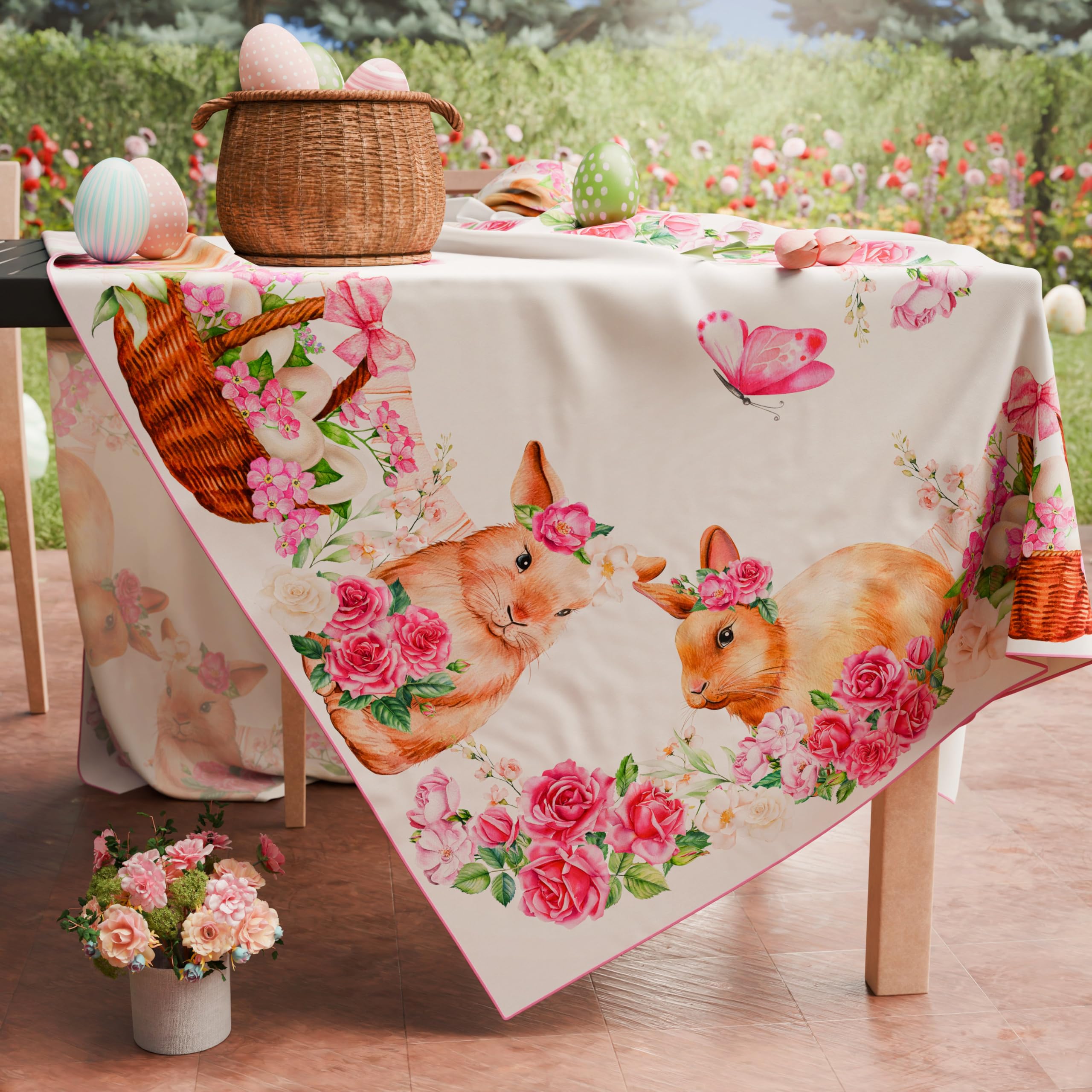 PETTI Artigiani Italiani - Ostertischdecke Fleckenabweisend Rechteckige 140x300 cm 14 Personen, Küchentischdecke aus Mikrofaser, Design Pink Bunny Rosa Hasen, 100% Made in Italy