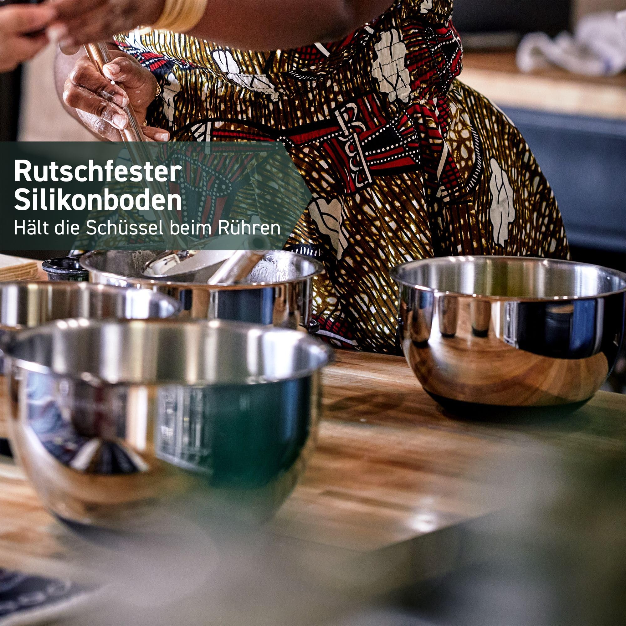 HexClad Edelstahl-Rührschüssel-Set, 3-teilig – Premium-Edelstahlschüsseln mit Deckel – Rutschfeste Silikonbasis, vakuumversiegelte Deckel – Stapelbar & spülmaschinengeeignet