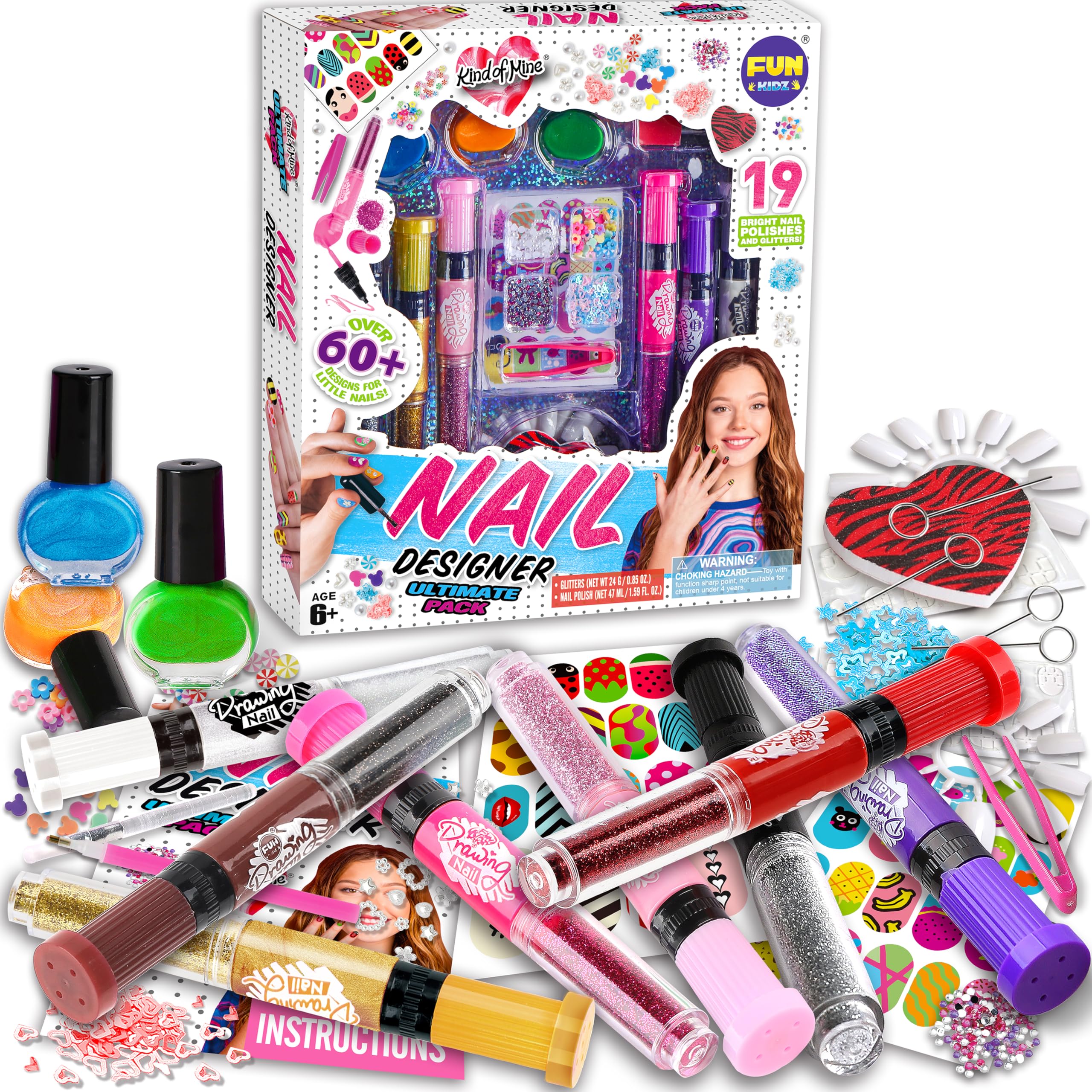 Nail Polish Pens Kit for Girls Ages 7-12, FunKidz Nail Pen Combo Kit Teen Gift Peelable Nail Art Studio Set with Cool Girly Decoration Stuff Pearl Beads, Glitter, Nail Stickers, Nail File, Gems