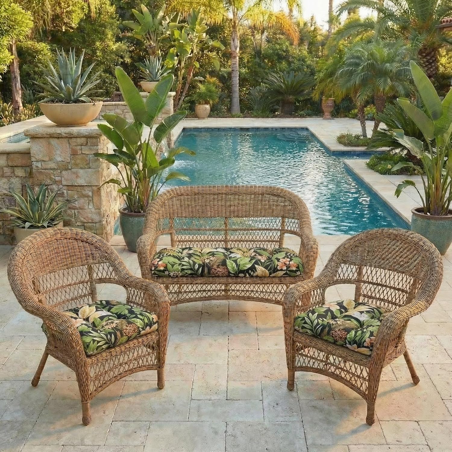 RSH DECOR: 3-Piece Tufted Wicker Cushion Set -41”x19 & 19"x19" Outdoor Wicker Loveseat Cushions & U-Shape Chair Cushions for Patio Furniture - All-Weather Spun Fabric (Carena Ebony) - Made in USA