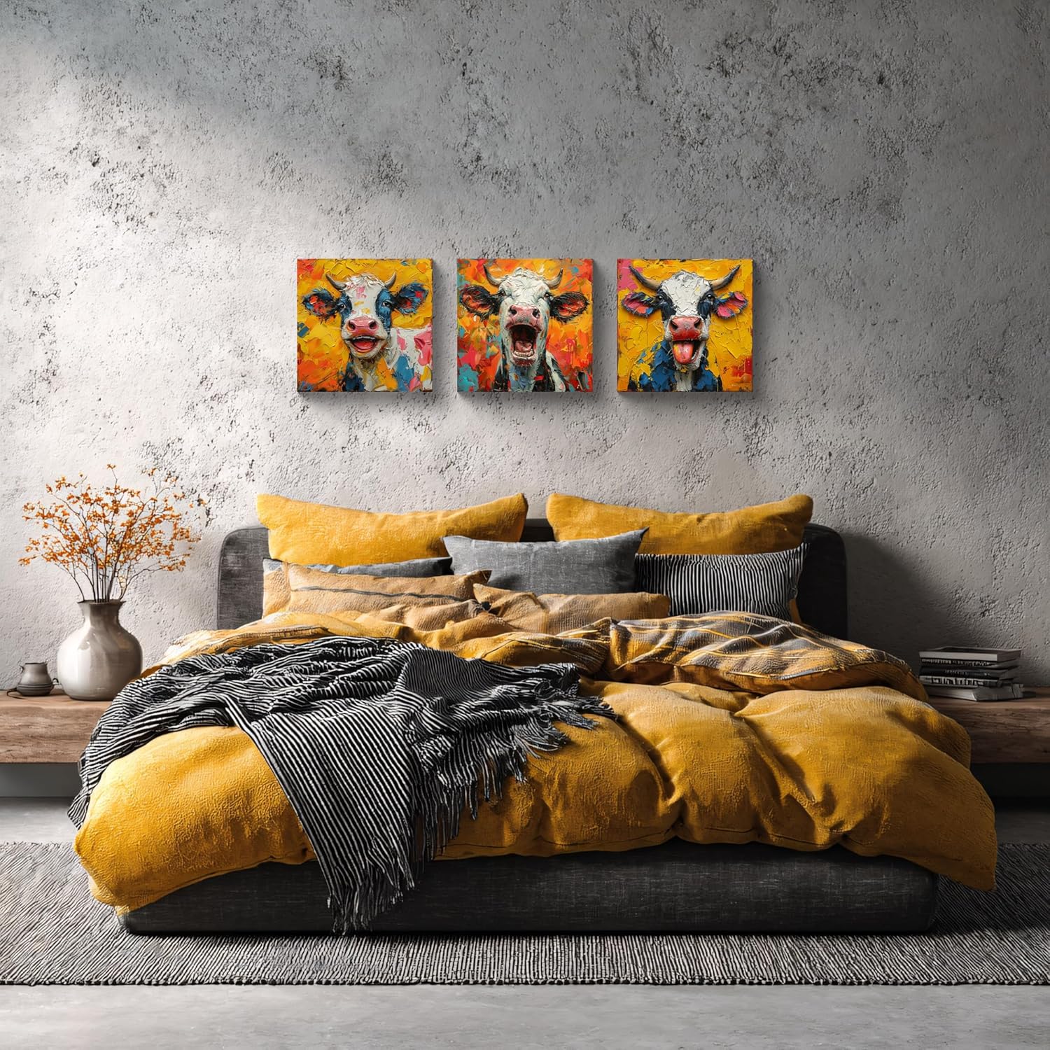 NAN Wind 3-Piece Set of Framed Cow Prints Vibrant Colorful Smiling Cow Wall Art Easy-to-Hang Animal Pictures Canvas Artwork Ideal for Bedroom Kitchen Bathrooms Kids' Room Farmhouse Decor