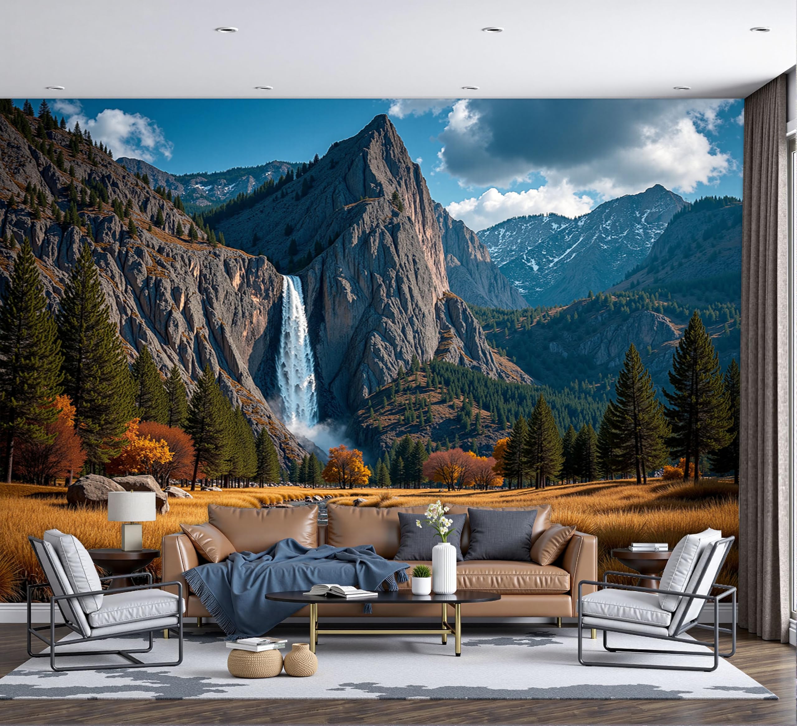 Papier Peint Panoramique 3D Soie 250x175 cm Cascade et Montagne