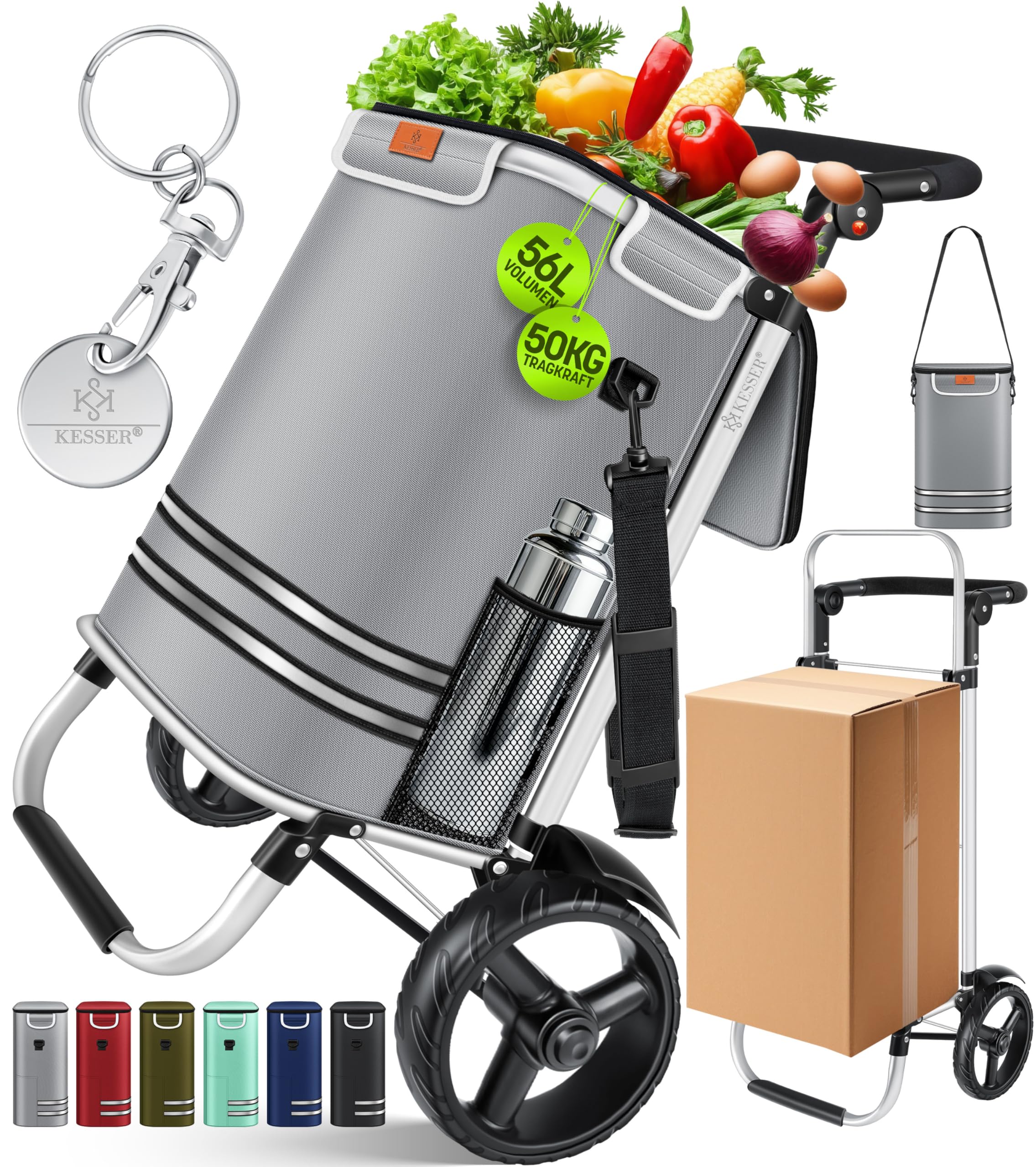 KESSER® Einkaufstrolley klappbar mit 56L Kapazität und belastbar bis 50kg | 3in1 Trolley Sackkarre & Umhängetasche | Faltbarer Einkaufswagen inkl. Kühlfach & Einkaufschip | Treppensteiger Grau