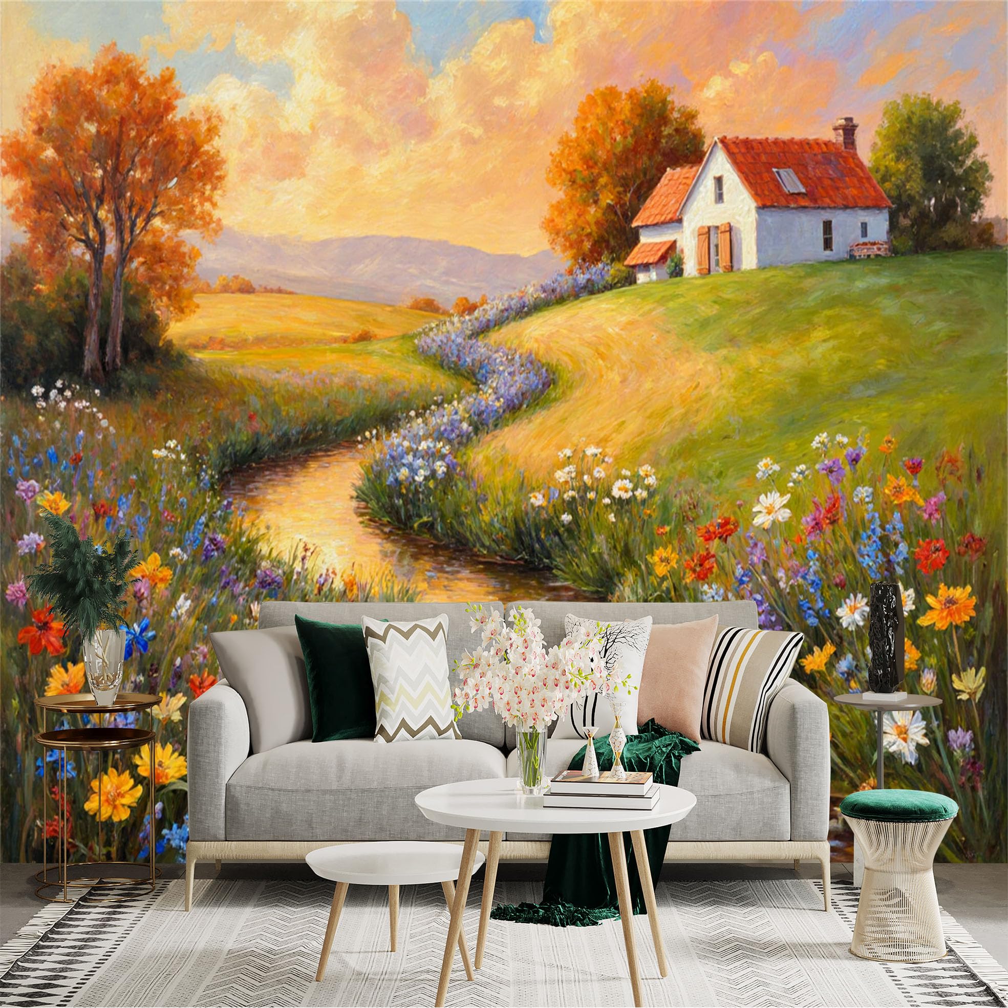 Custom Size Wall Sticker Mural， Countryside Landscape with Cottage， Flowing Creek and Wildflowers， for wall Decoration， peelandstick wall Decals.