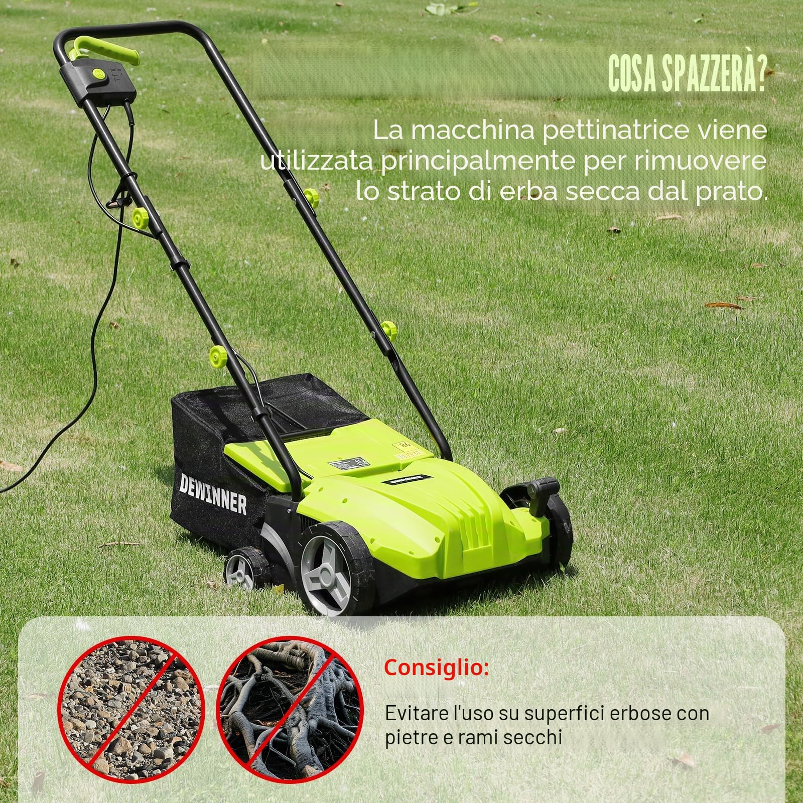 DEWINNER Scarificatore arieggiatore elettrico 2in1 1500W 32cm 30L 4 livelli profondità regolabile