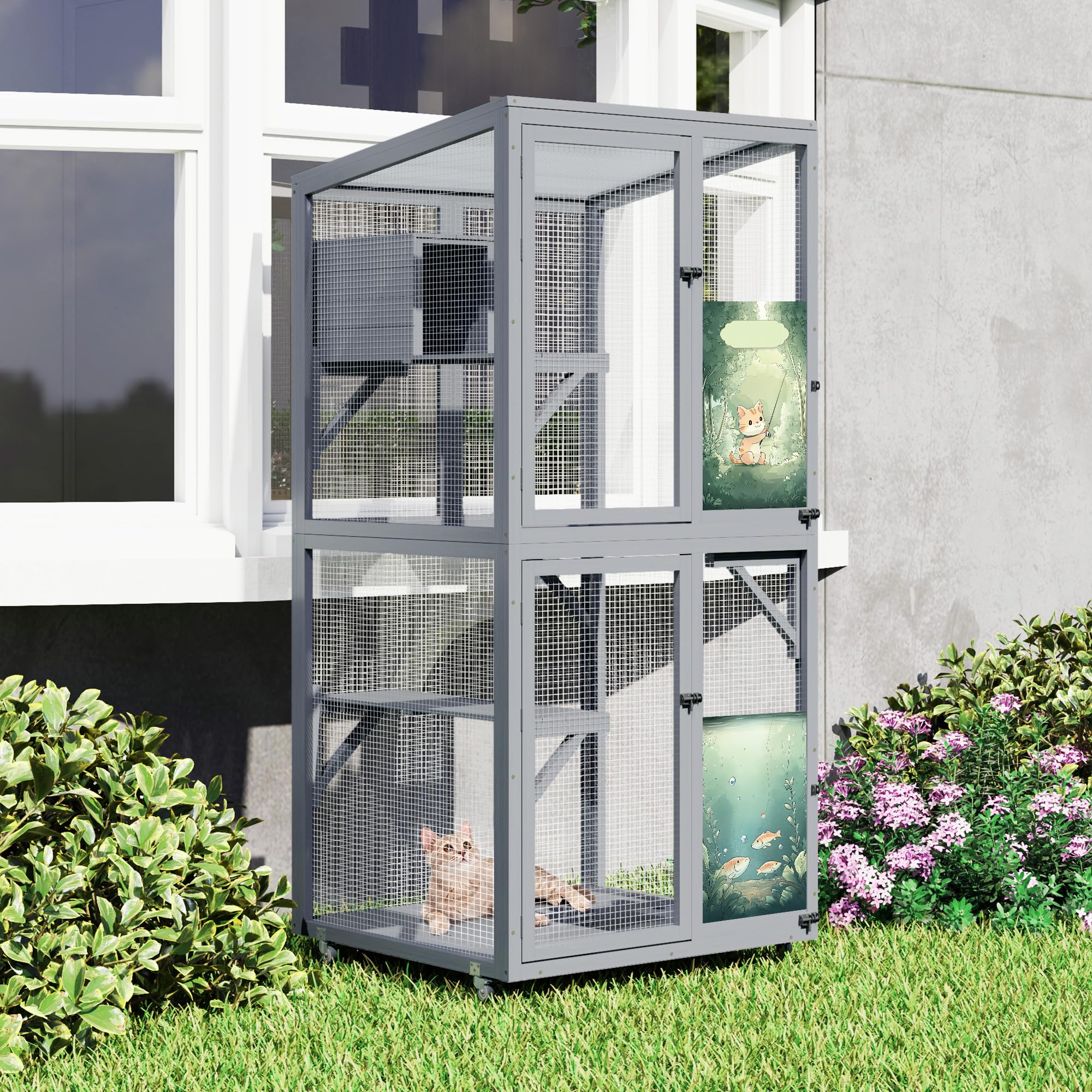 Recinto mobile per gatti, in legno, con ruote, 3 ripiani, resistente alle intemperie, per balcone e giardino, 178 x 80 x 80 cm