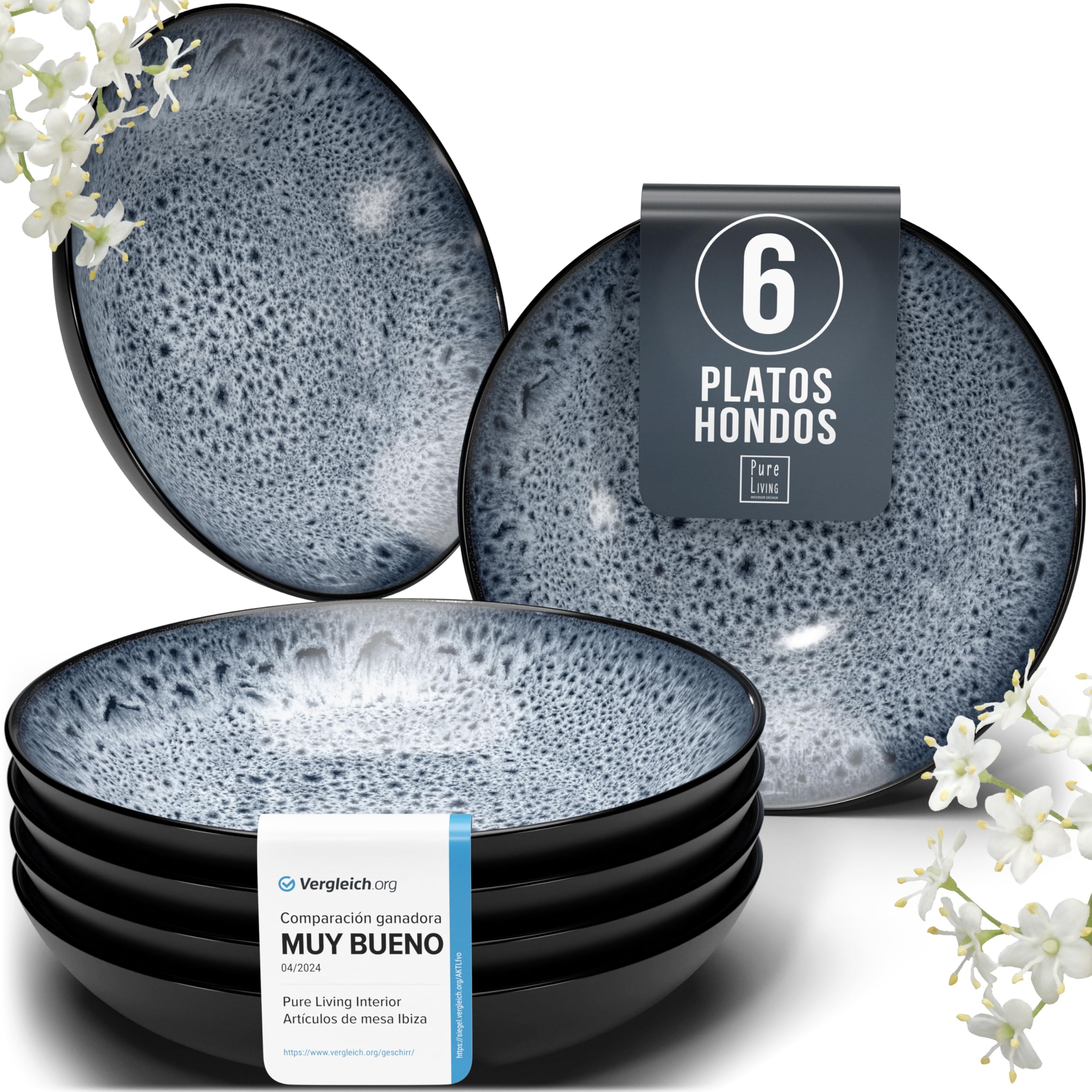 Juego de 6 platos hondos Ibiza – gres premium, resistente a los arañazos, apto para lavavajillas, microondas – Elegante juego de platos hondos – Platos de pasta hondos grandes – Pure Living vajilla — view 42