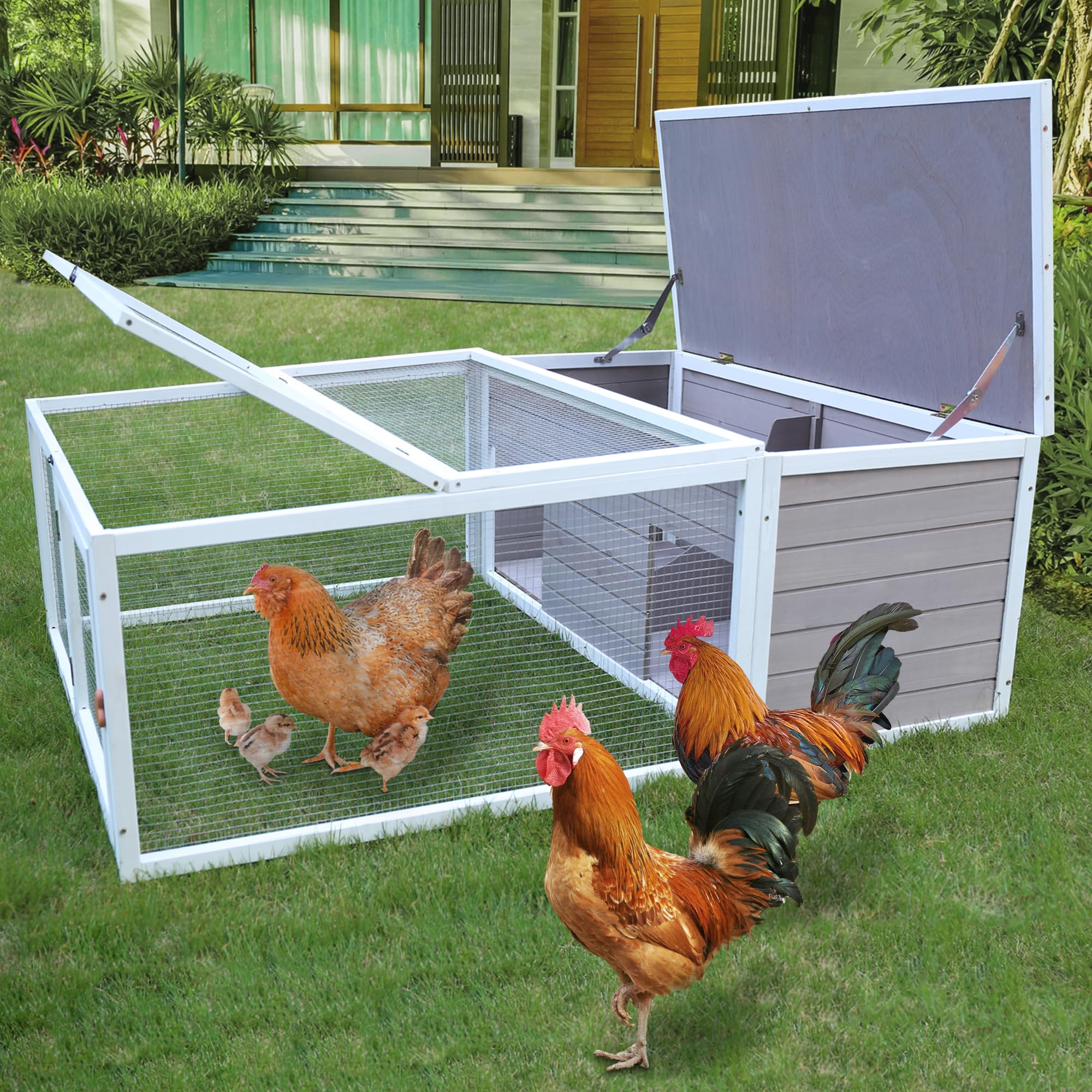 Chicken Coop with Run, 60” Rabbit Hutch Outdoor, Large Tortoise Habitat Pet Cage Wood Small Animal Poultry Cage Run with Waterproof Asphalt & Openable